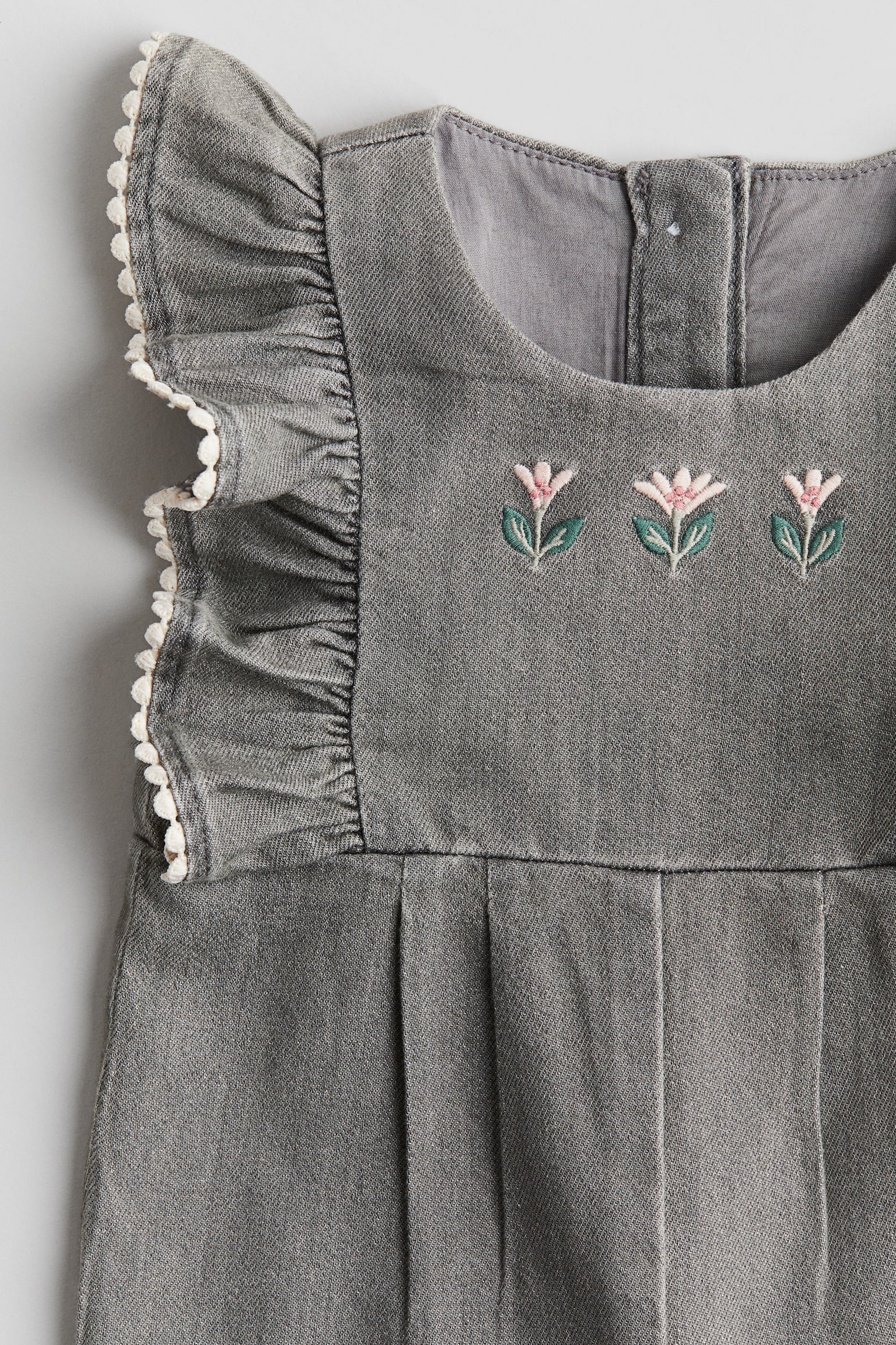 Frill-trimmed romper suit - Denim grey/Flowers/Cream - 2