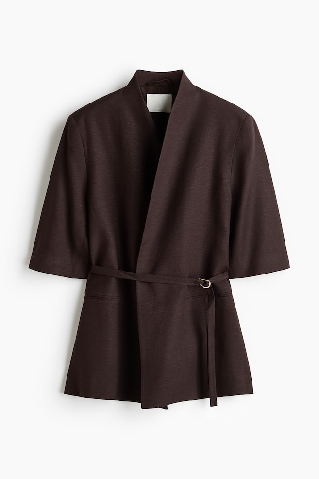 Short-sleeved linen-blend blazer-Dark brown - 1