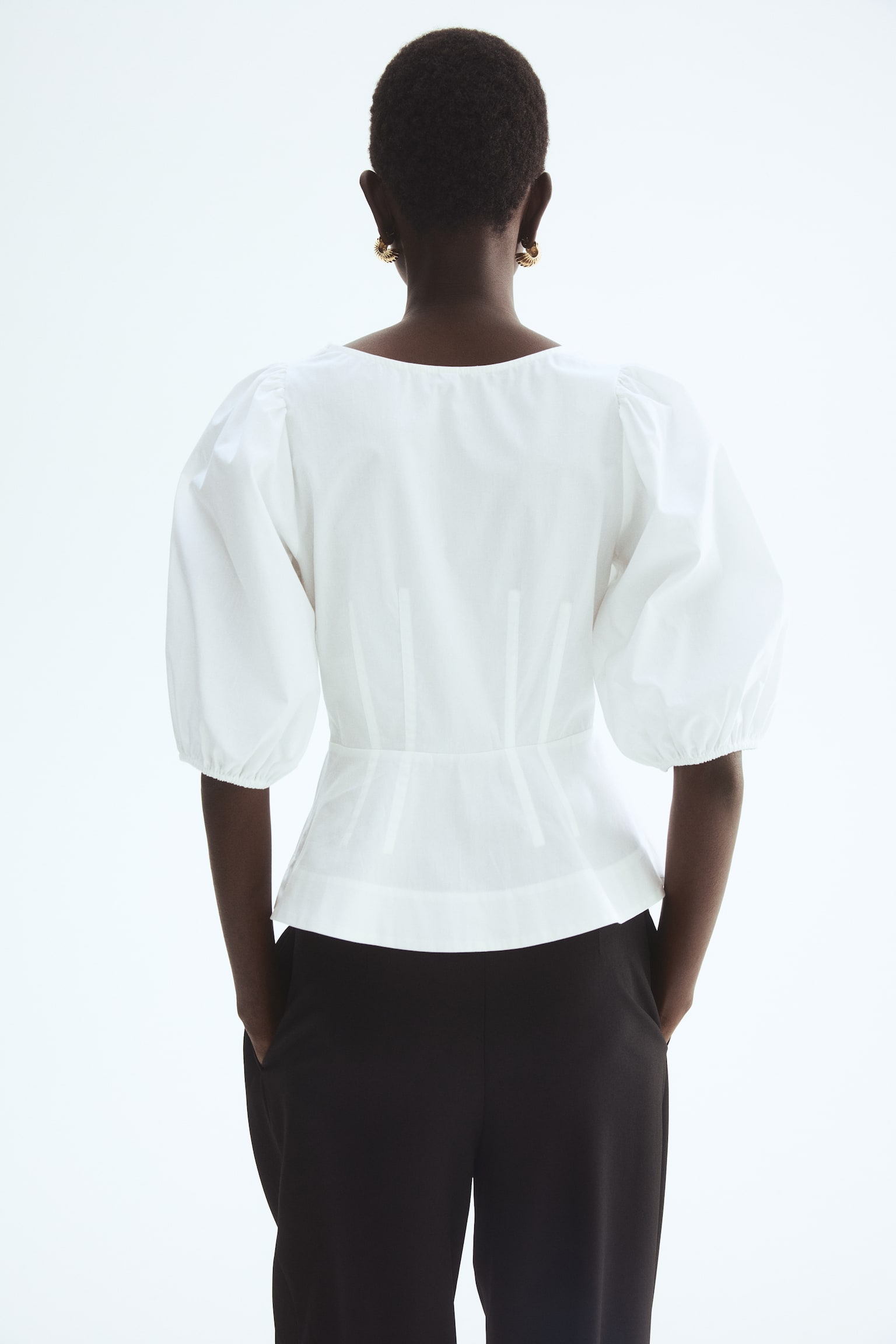 Bluză din bumbac cu peplum - Alb/Negru - 3