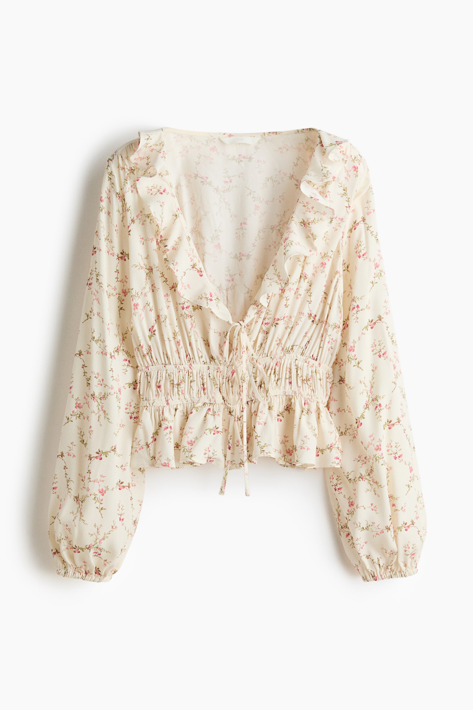 Flounce-trimmed viscose blouse - Light beige/Floral - 1