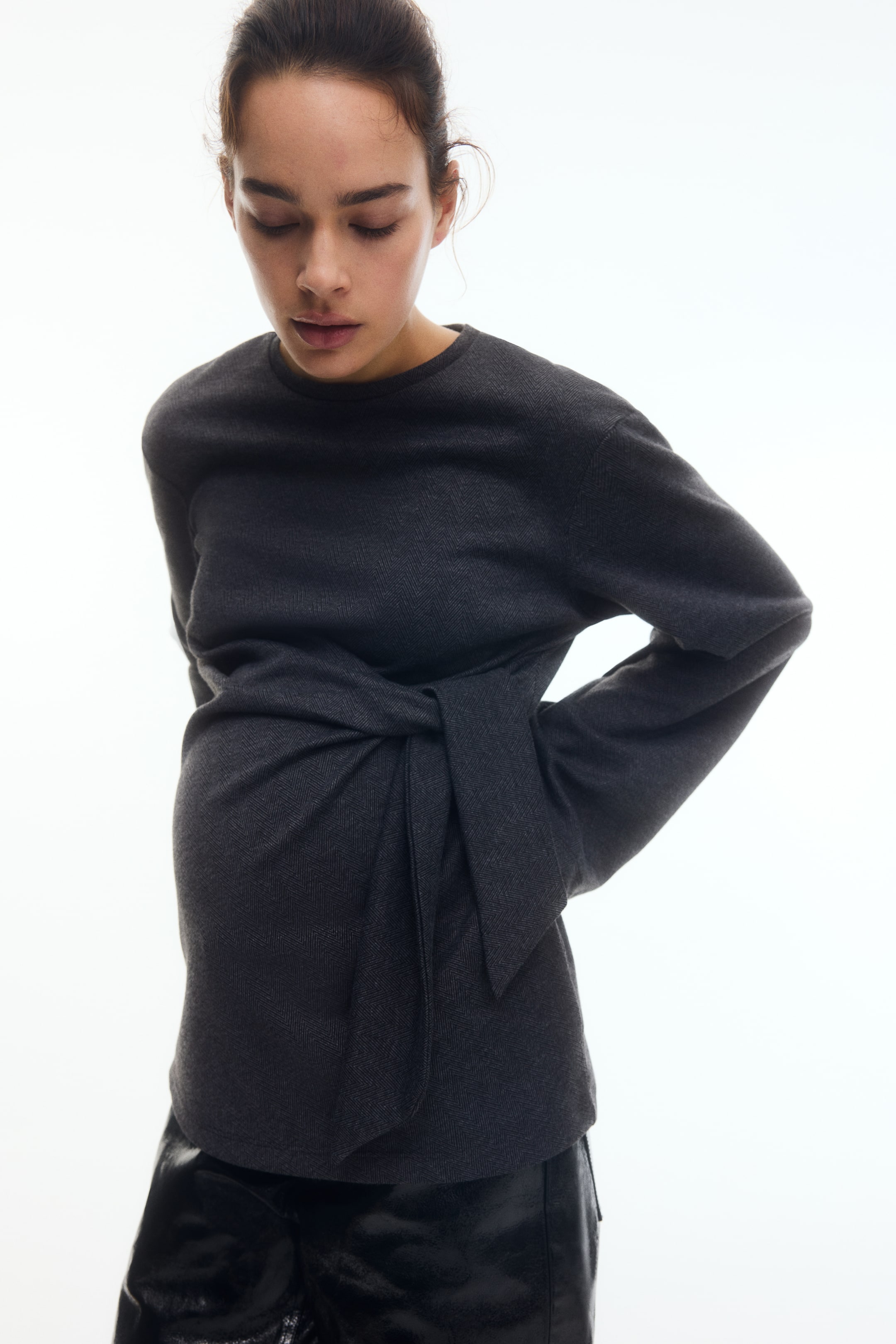 View larger image: MAMA Tie-Detail Top - Dark gray melange - Ladies | H&M CA 2