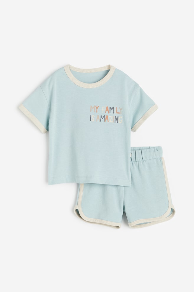 2-piece T-shirt and shorts set - Light turquoise/Family/Beige/Bear - 1