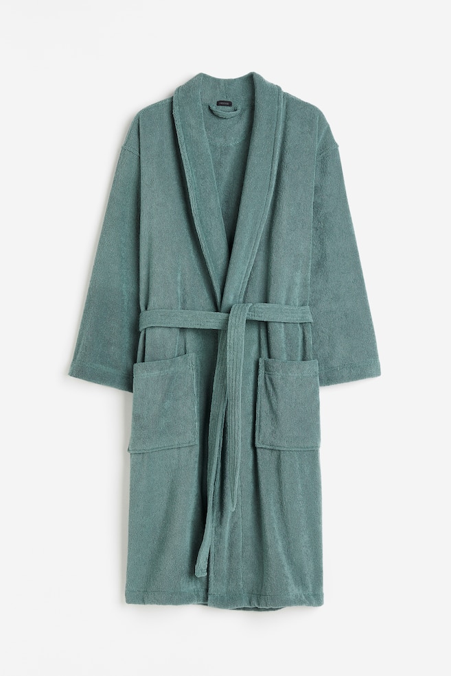 Cotton terry dressing gown - Dark sage green/Dark grey - 1