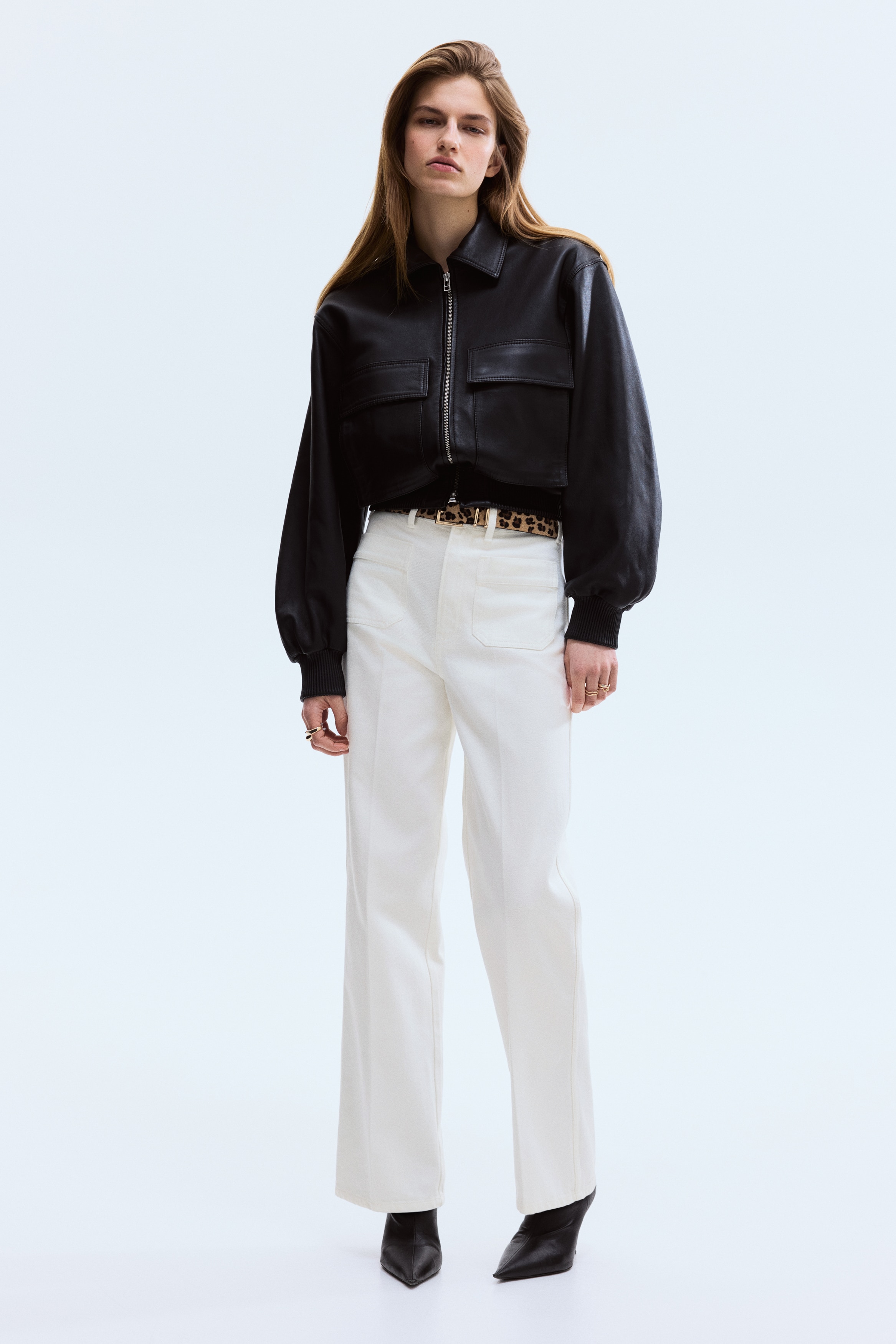 Straight Leg High Waist Jeans - White/Leopard print