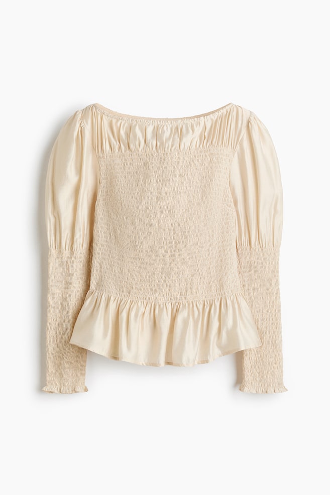 Smocked viscose-blend blouse - Light beige/Dark khaki green - 1