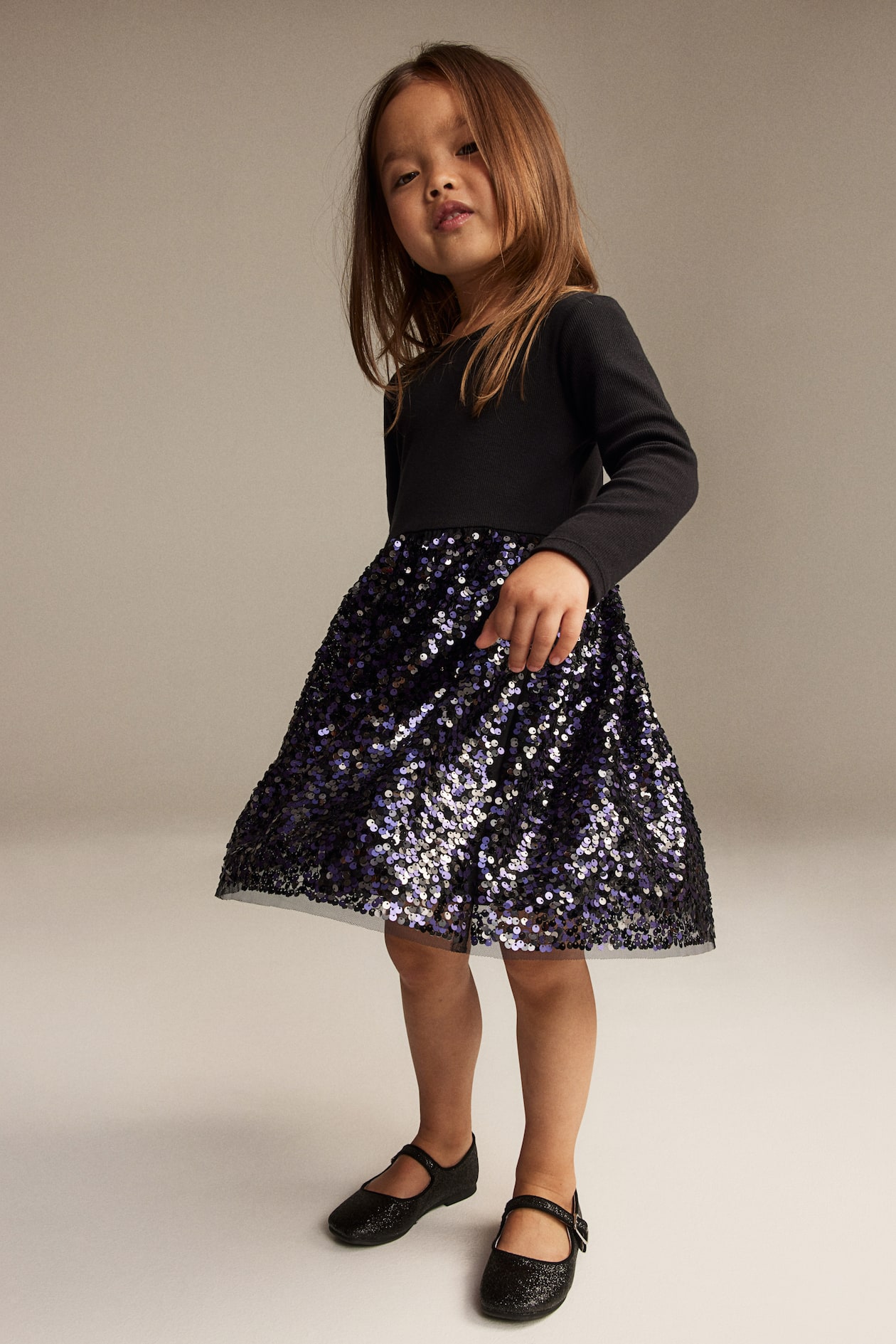 Sequined Jersey Dress - Round Neck - Long sleeve - Black - Kids | H&M US