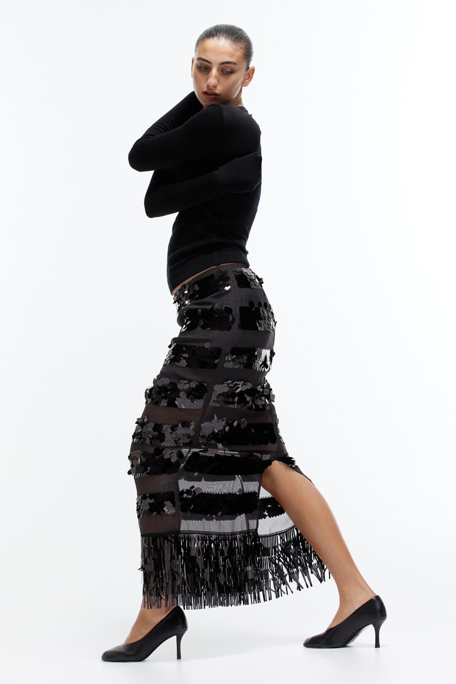 Long sequined skirt - Black - 3