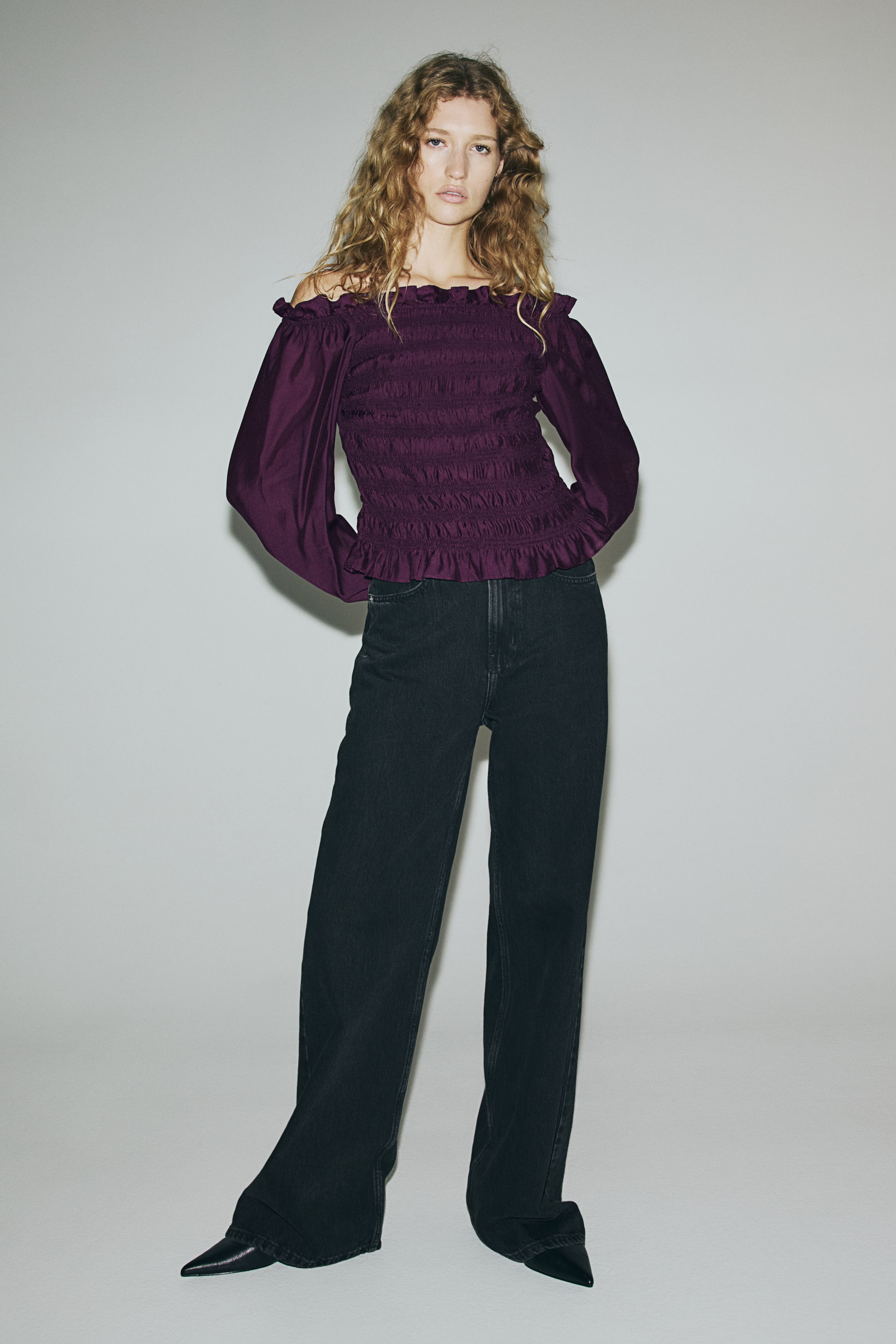 View larger image: Smocked Off-the-Shoulder Blouse - Plum purple - Ladies | H&M CA 2