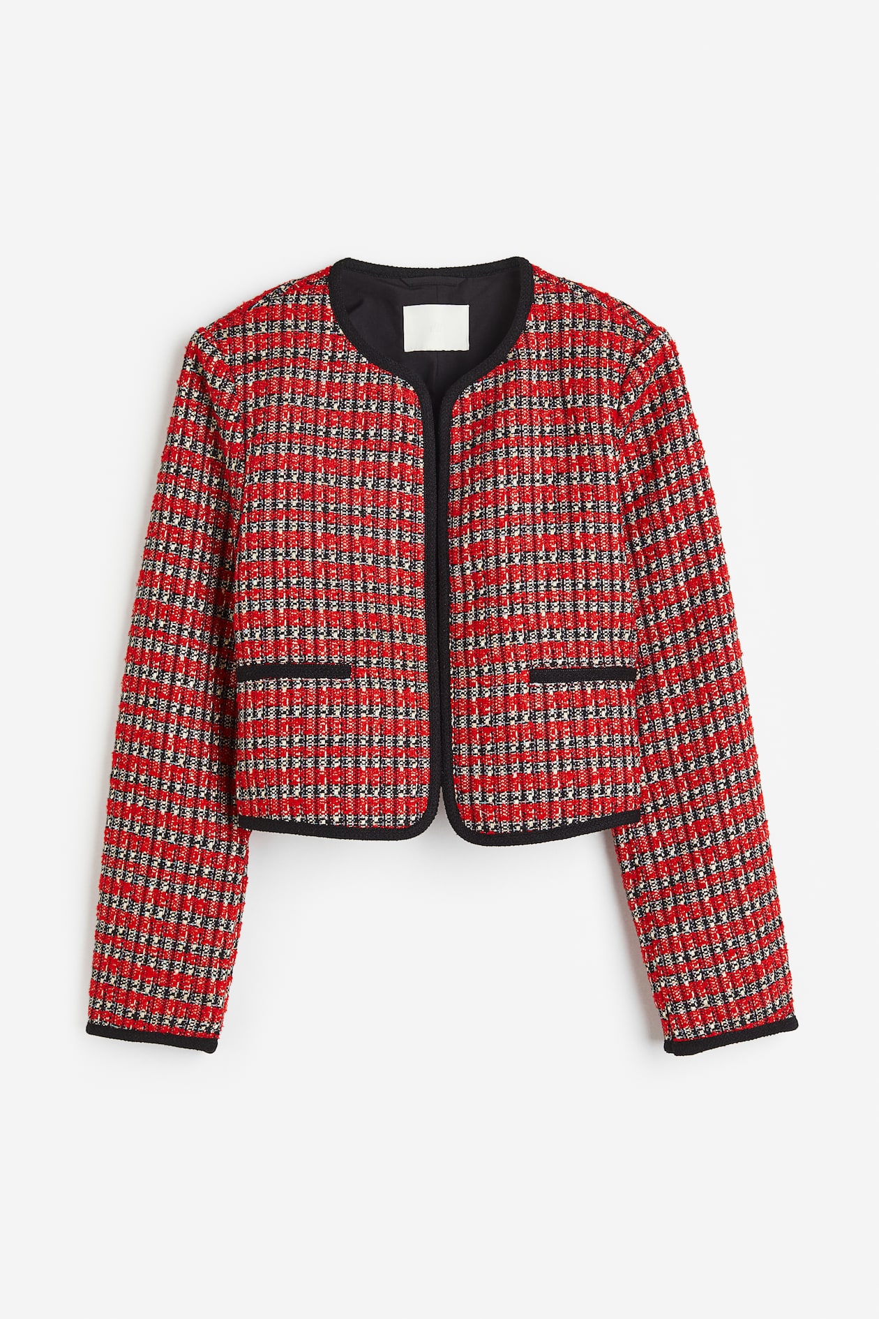 Textured-weave jacket - Round neck - Long sleeve - Red/Striped - Ladies ...