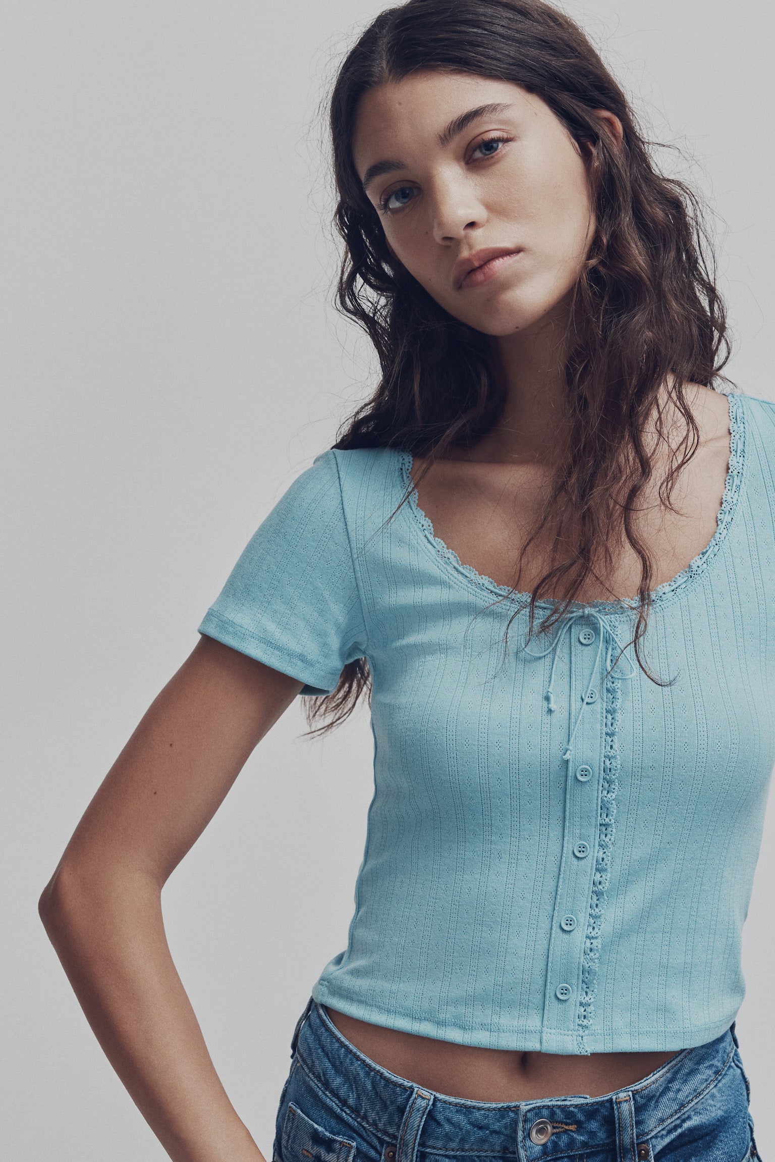 Lace-trimmed top - Turquoise/Cream/Dark grey - 2