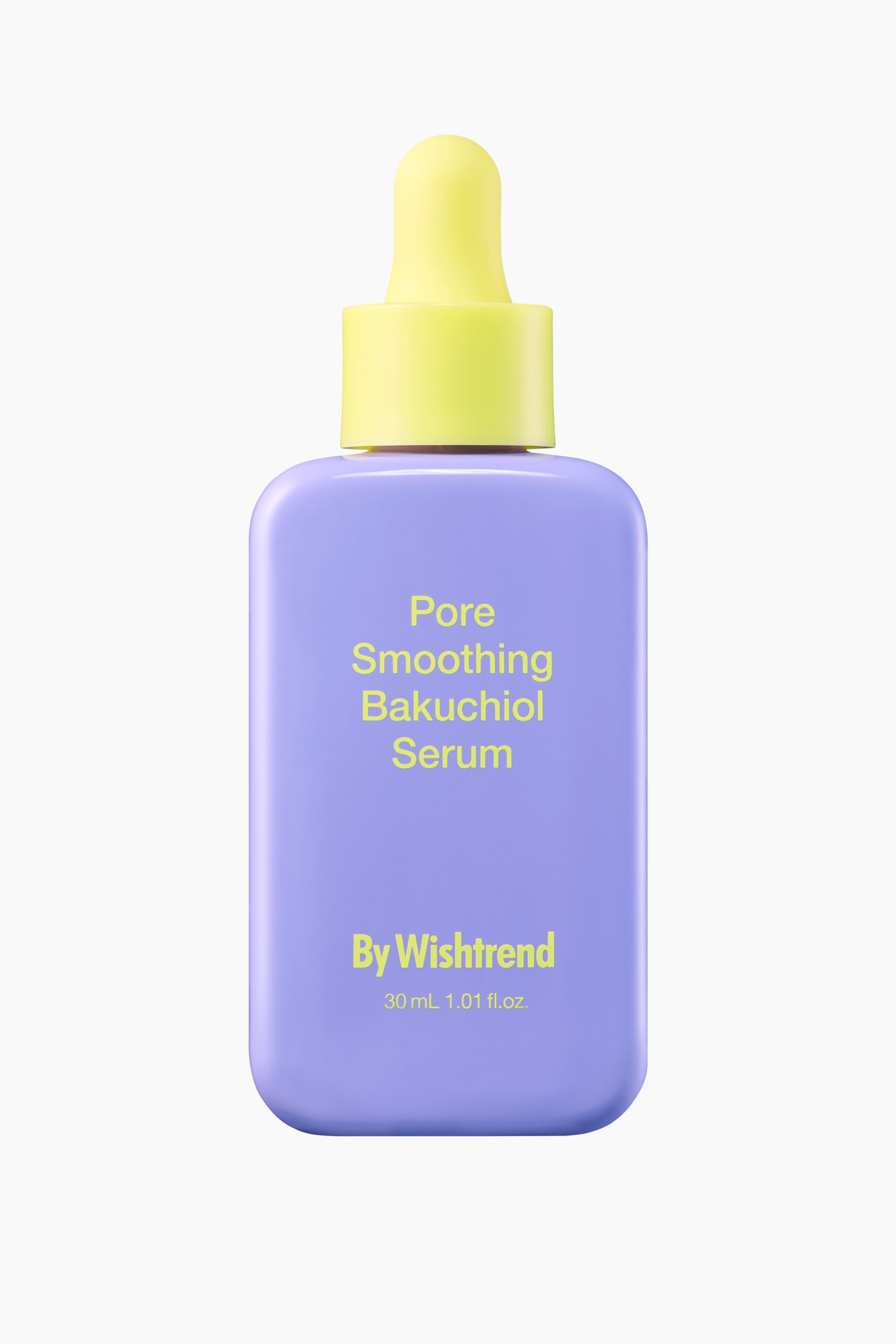 Visa större bild: En rektangulär lila serumflaska med rundade hörn pryds av en klargul pipettkork. Gul text på framsidan lyder 'Pore Smoothing Bakuchiol Serum', 'By Wishtrend' och '30 mL 1.01 fl.oz.'