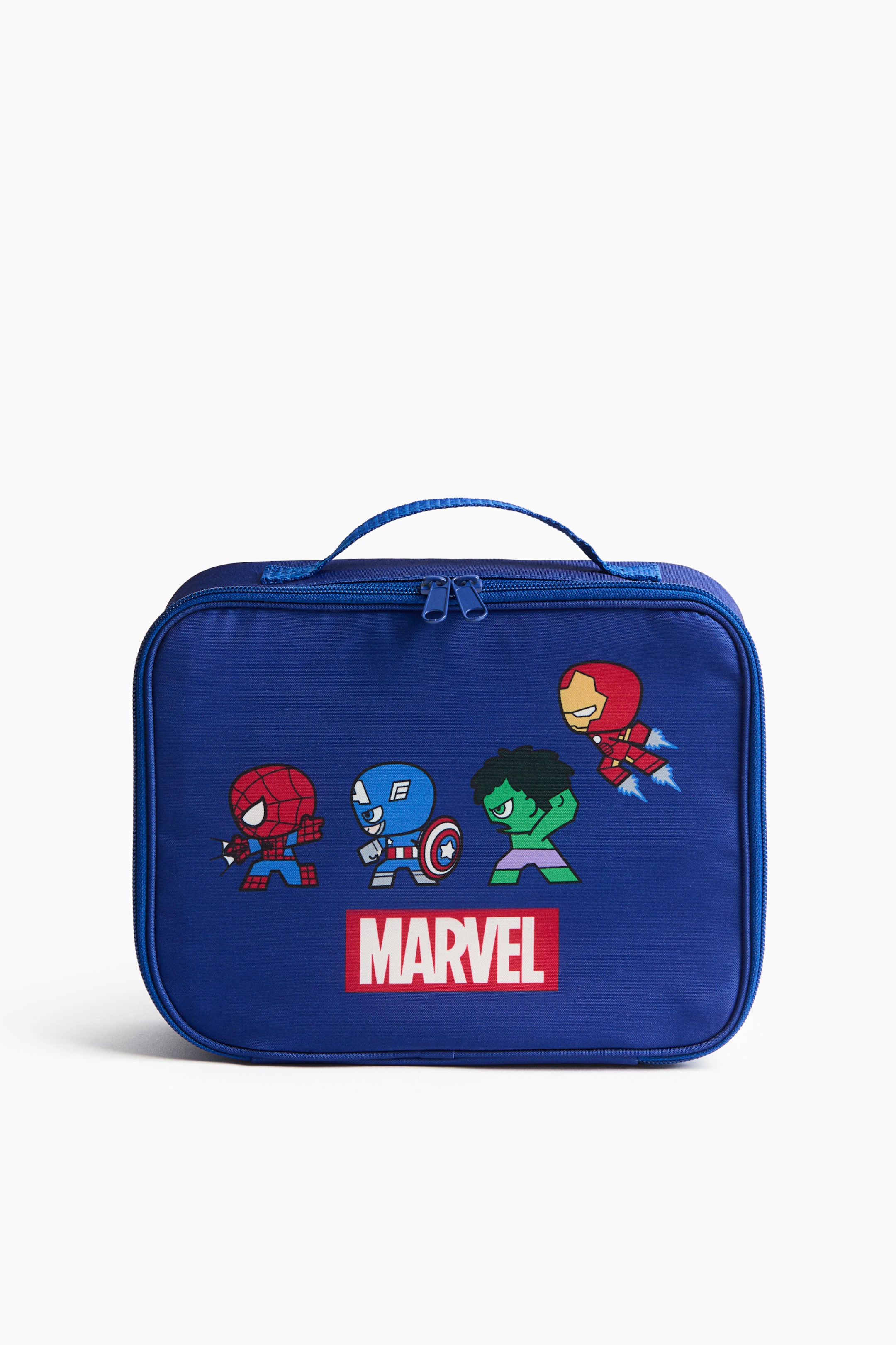 Ampliar la imagen: Una bolsa térmica azul muestra su frente, con un motivo de impresión de personajes chibi de Marvel y el logo 'MARVEL', junto con un asa superior y un cierre de cremallera bidireccional en la parte superior.