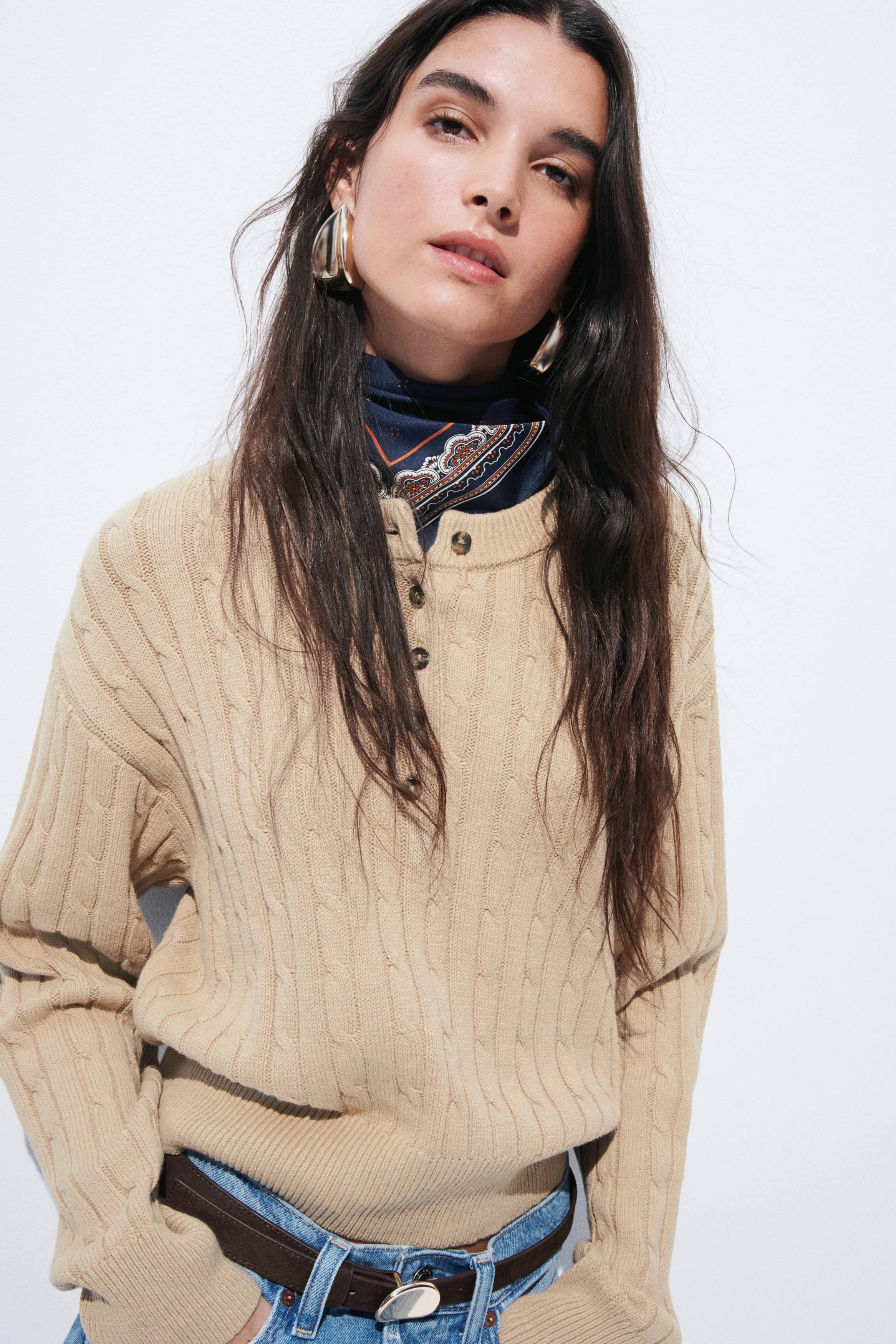 Button Top Cable Knit Sweater-Beige