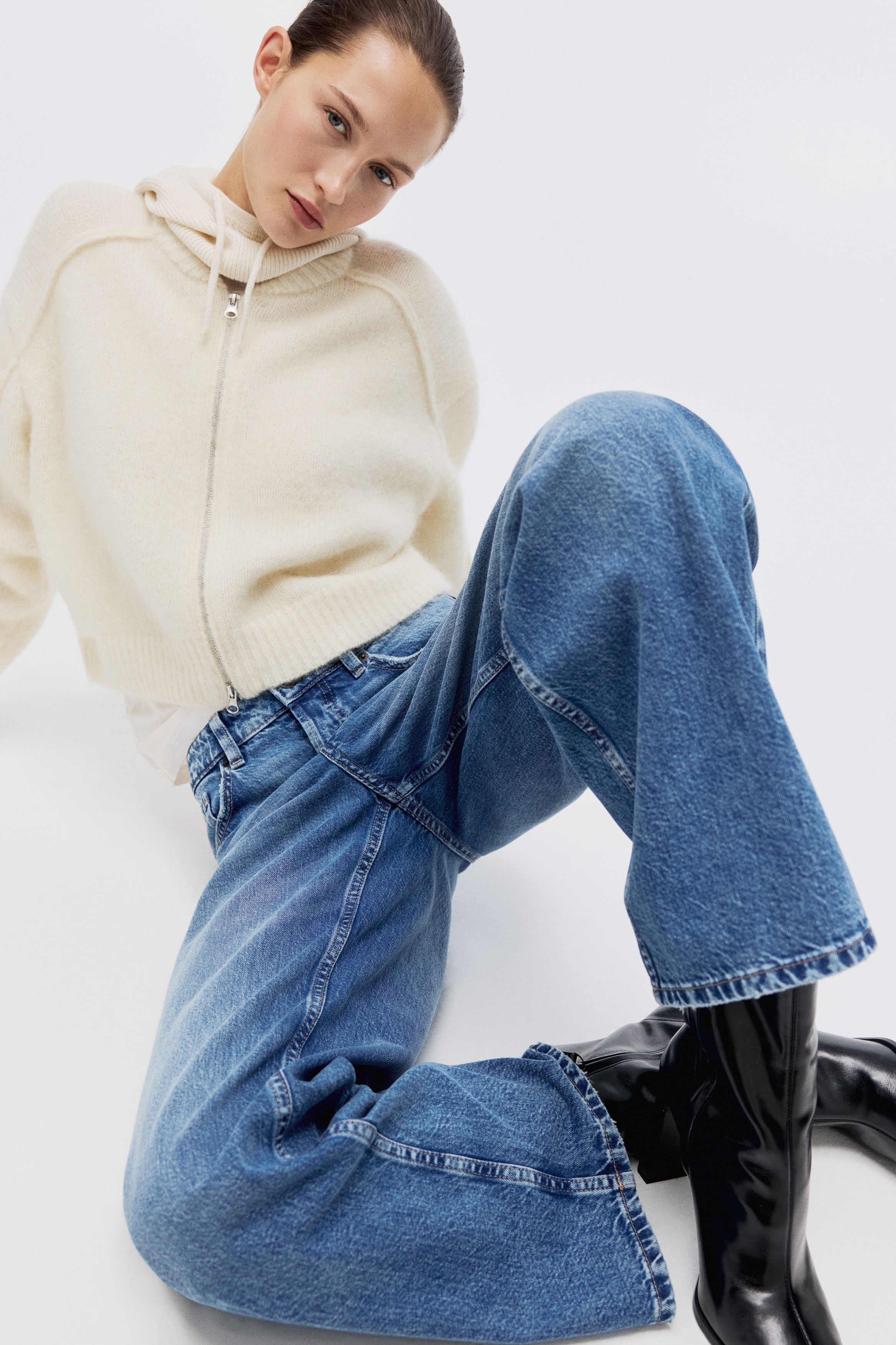 Wide Regular Jeans - Teksas plava/Tamnosmeđa/Bela/Svetla teksas plava