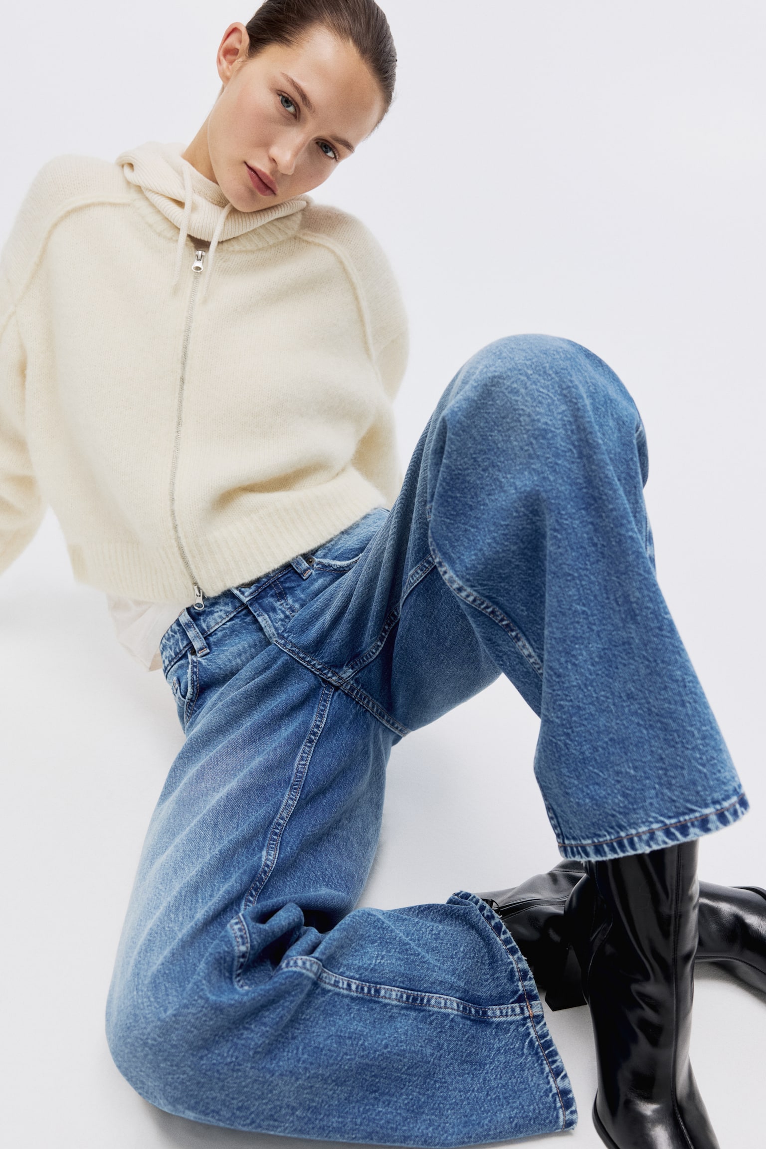 Wide Regular Jeans - Denim blue/Light denim blue/White/Dark brown - 1