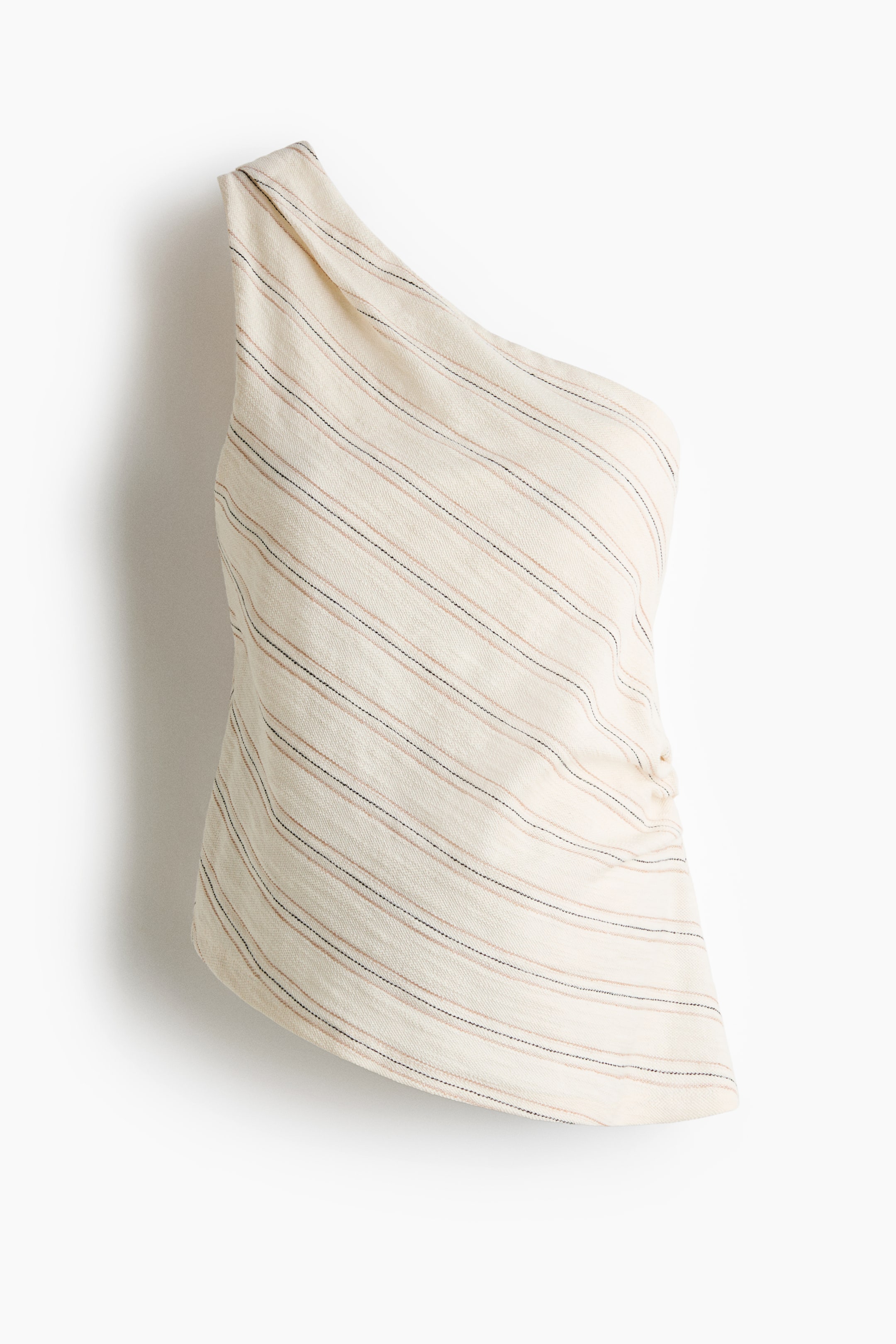View larger image: MAMA One-shoulder Textured Cotton Top is shown from the front, crafted from an off-white textured cotton fabric with diagonal brown and black stripes. It features a one-shoulder design and is gathered with ruched detailing on its right side.