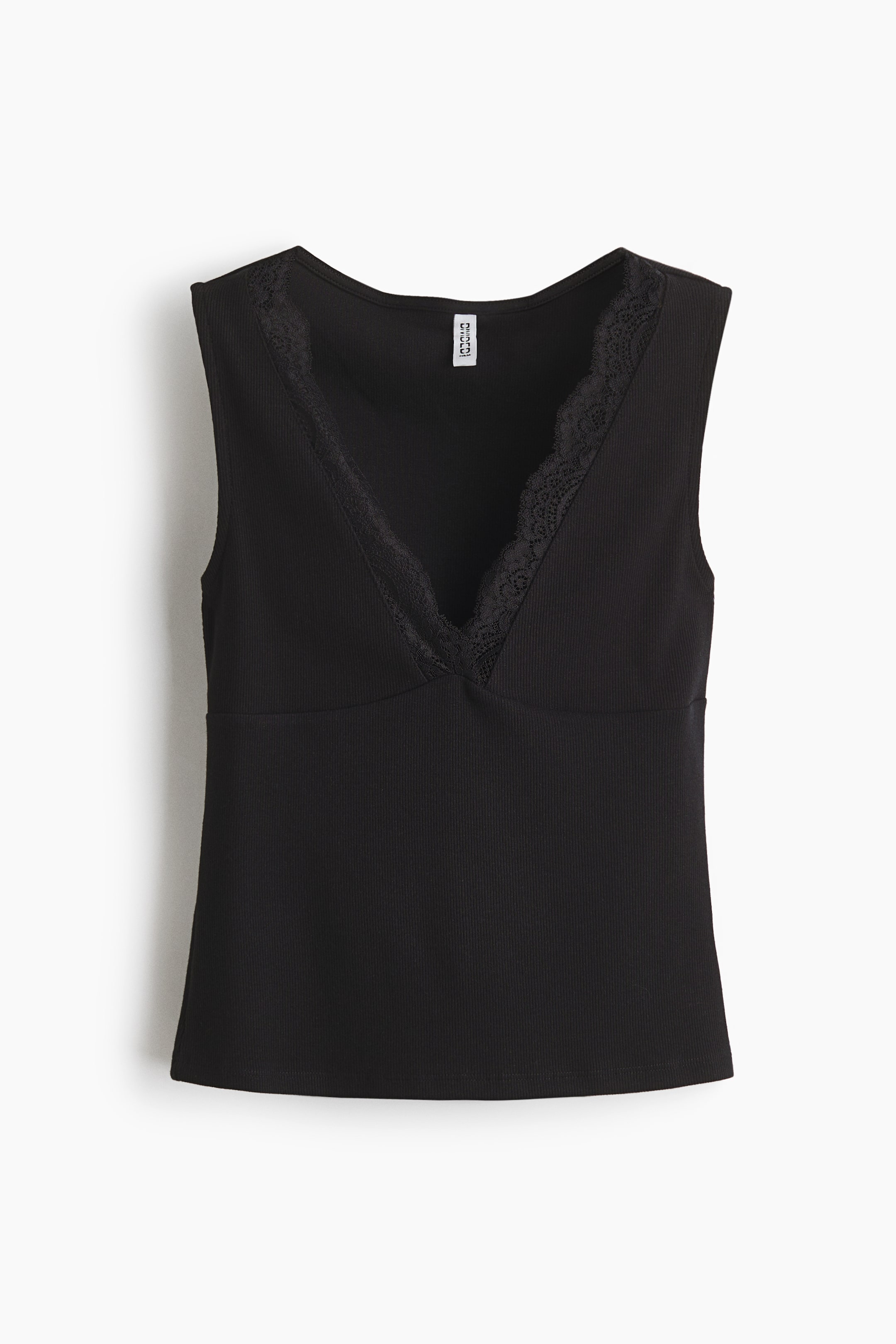 View larger image: A black ribbed camisole is showcased front-facing, highlighting a V-neckline adorned with black lace trim.