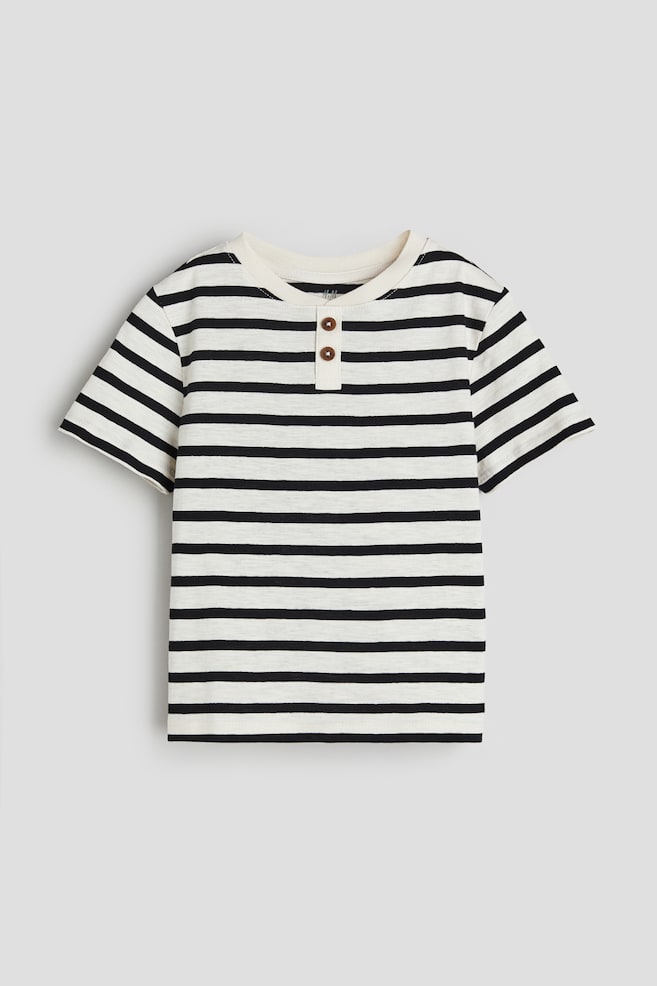 Cotton Henley T-shirt - White/Black striped/Light green - 1