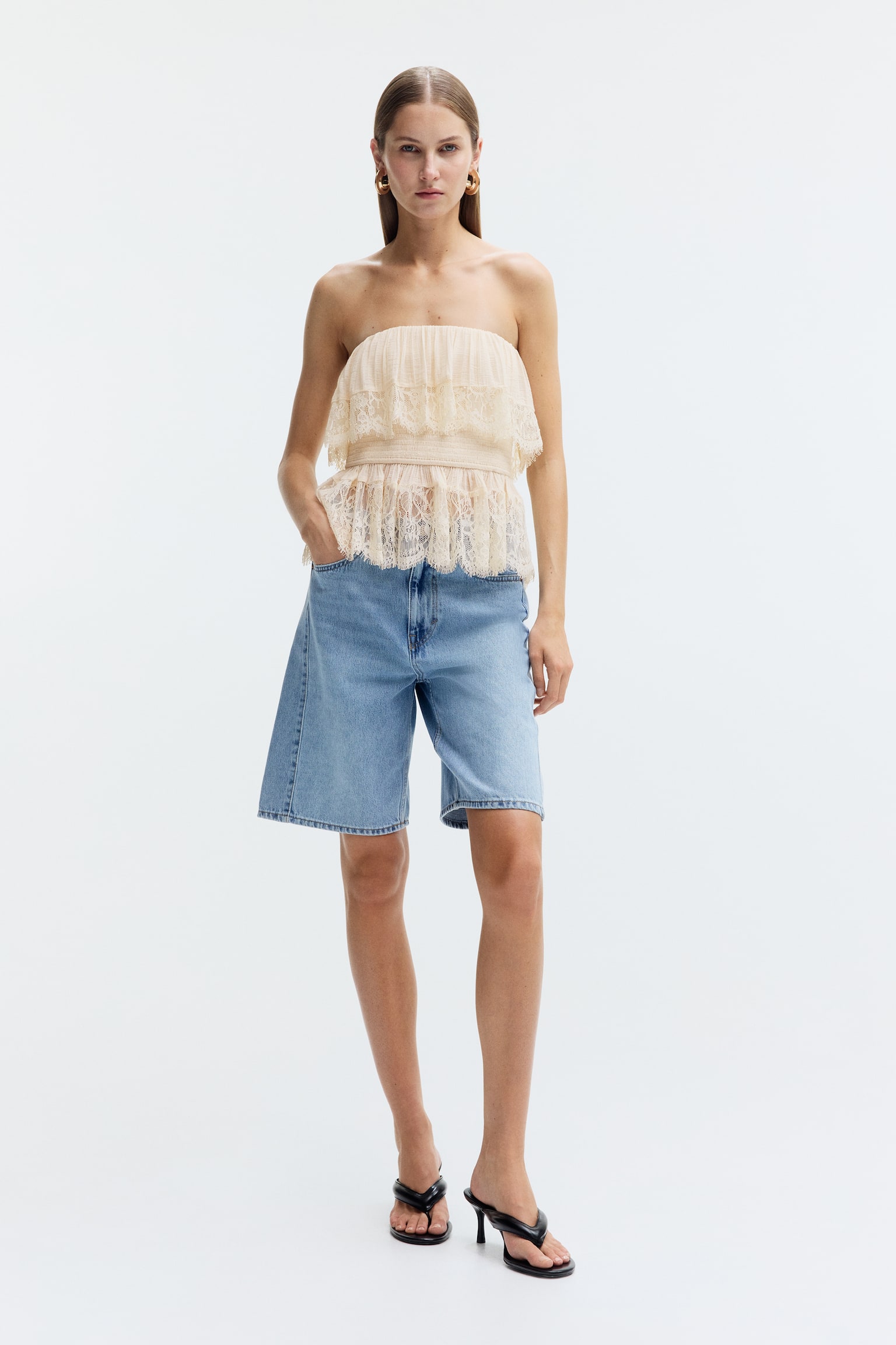 Flounced bandeau top - Light beige - 1