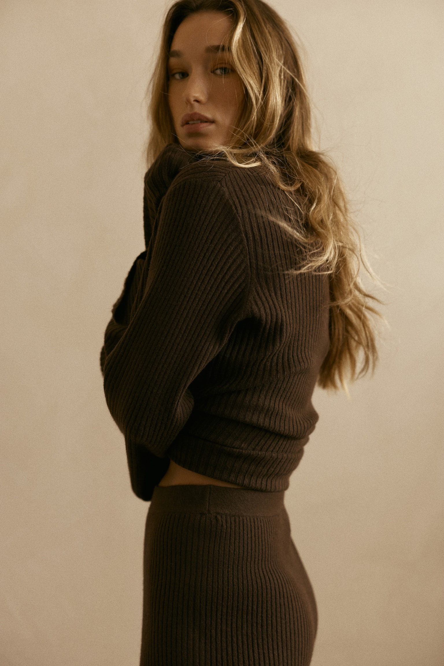 Wide rib-knit trousers - Dark brown/Grey marl - 4