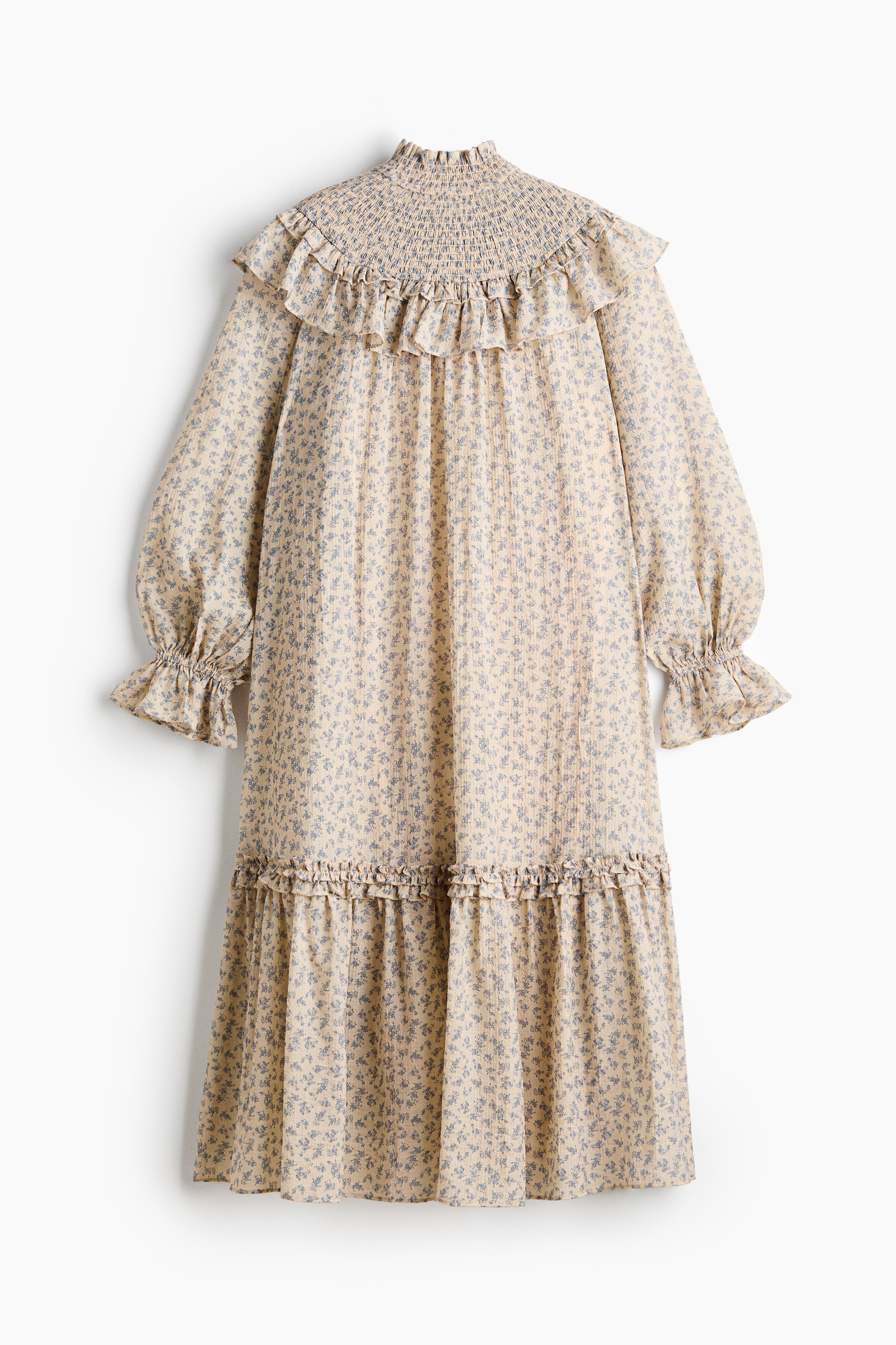 Frill-trimmed textured-weave dress - Light beige/Floral