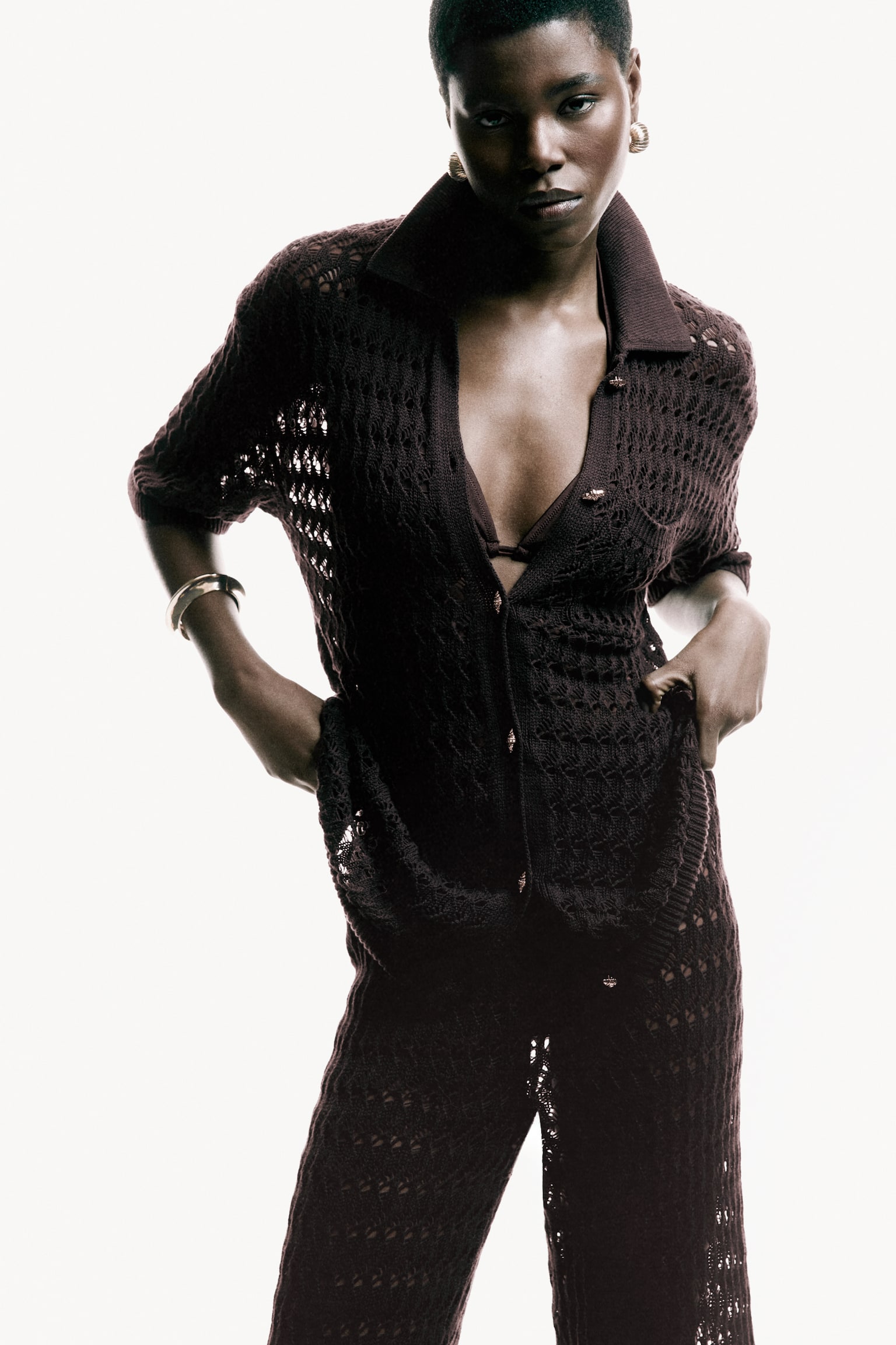 Crochet-look cotton cardigan - Dark brown - 1