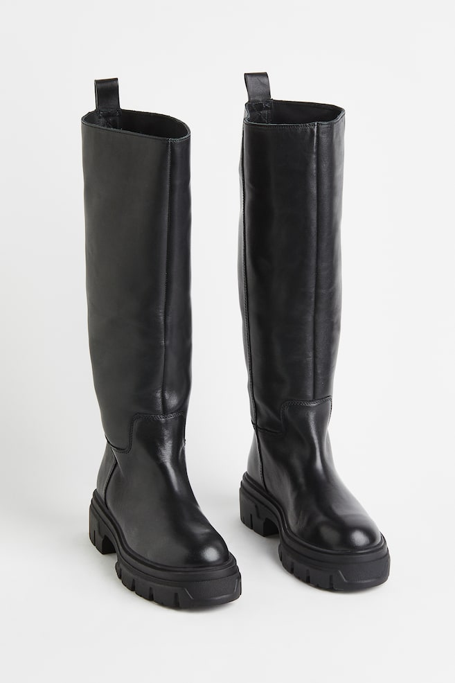 Knee-high leather boots - Black/Beige - 3
