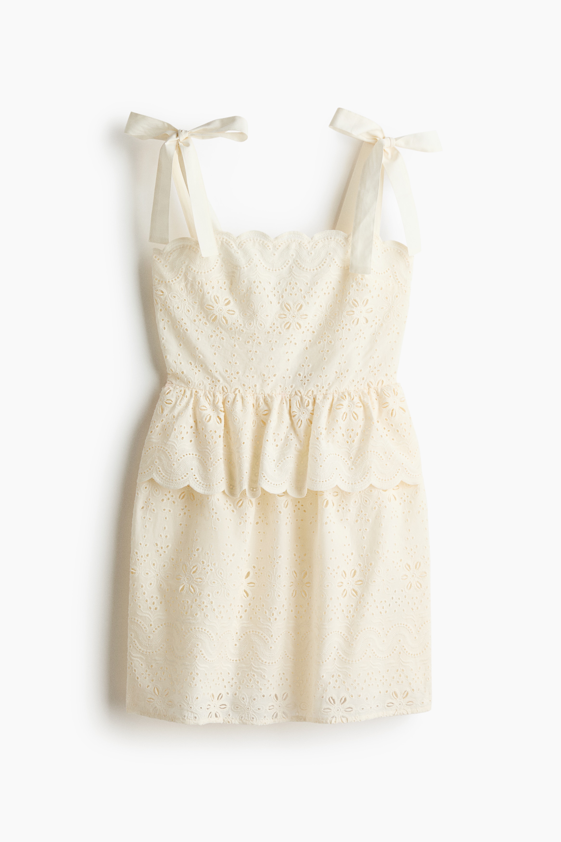 Eyelet-Embroidered Tie-Shoulder-Strap Dress - Cream