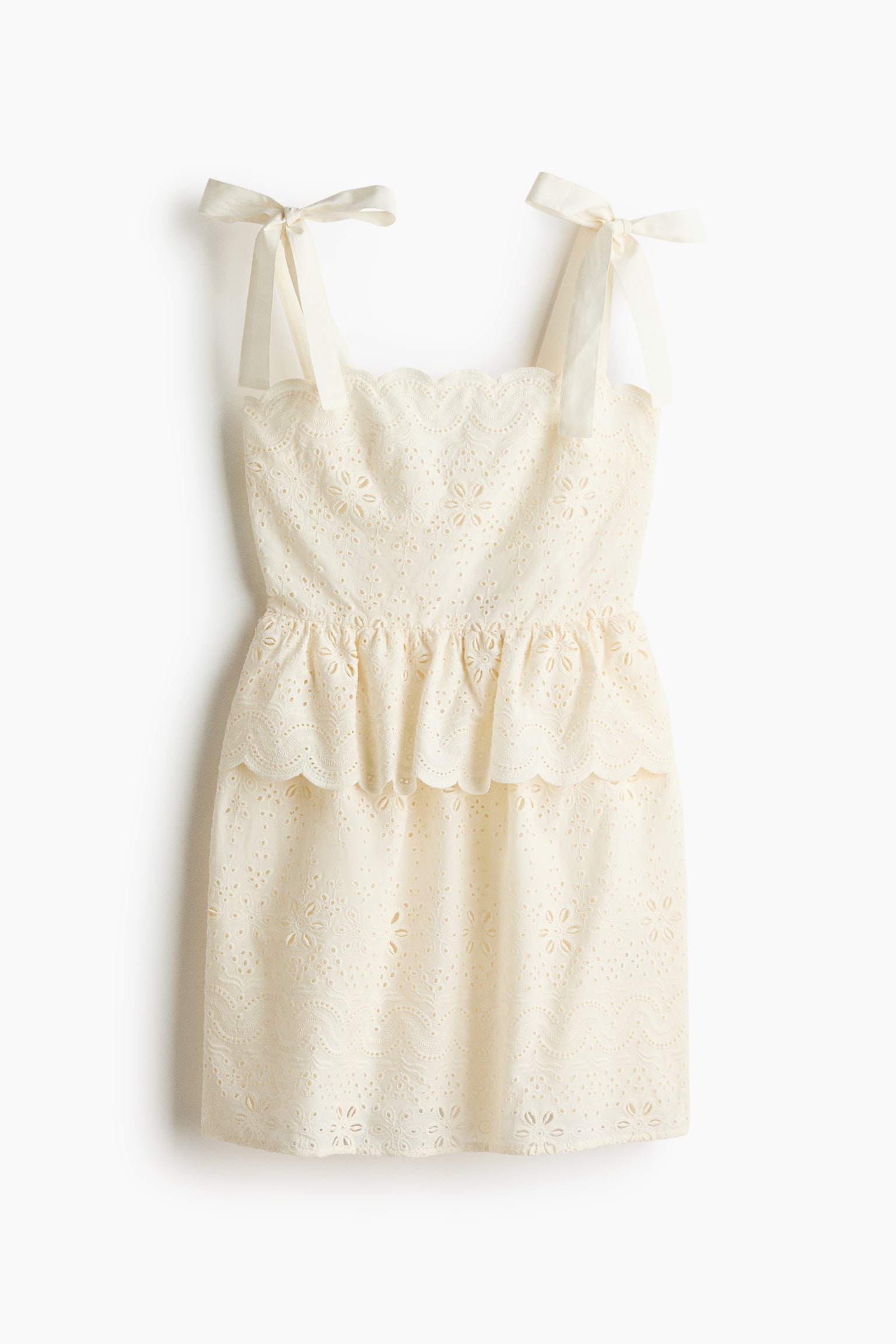 Robe en broderie anglaise avec bretelles à nouer-Crème - 2