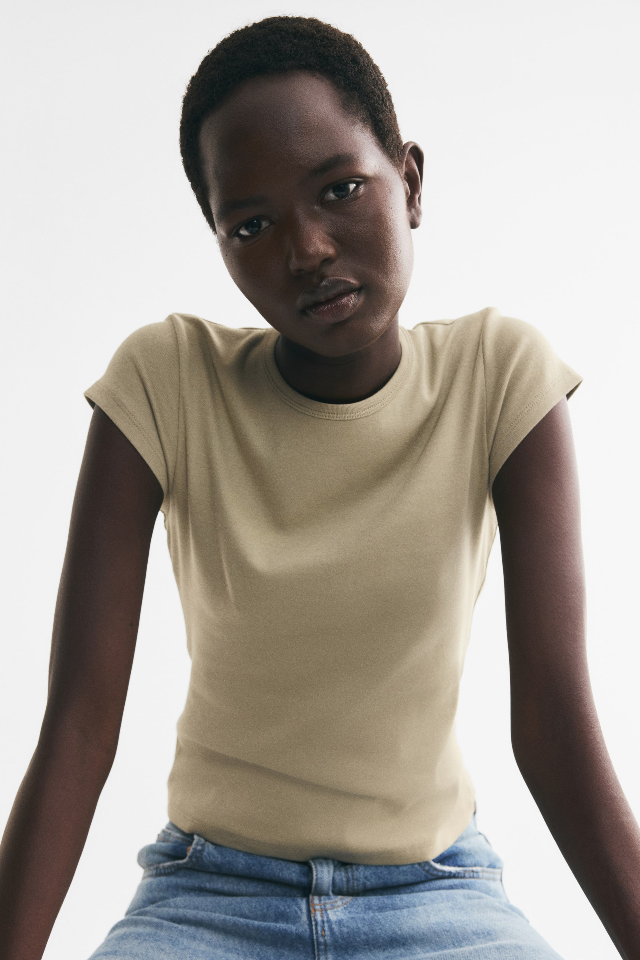 View larger image: Fitted cotton T-shirt - Light khaki green - Ladies | H&M IN 1