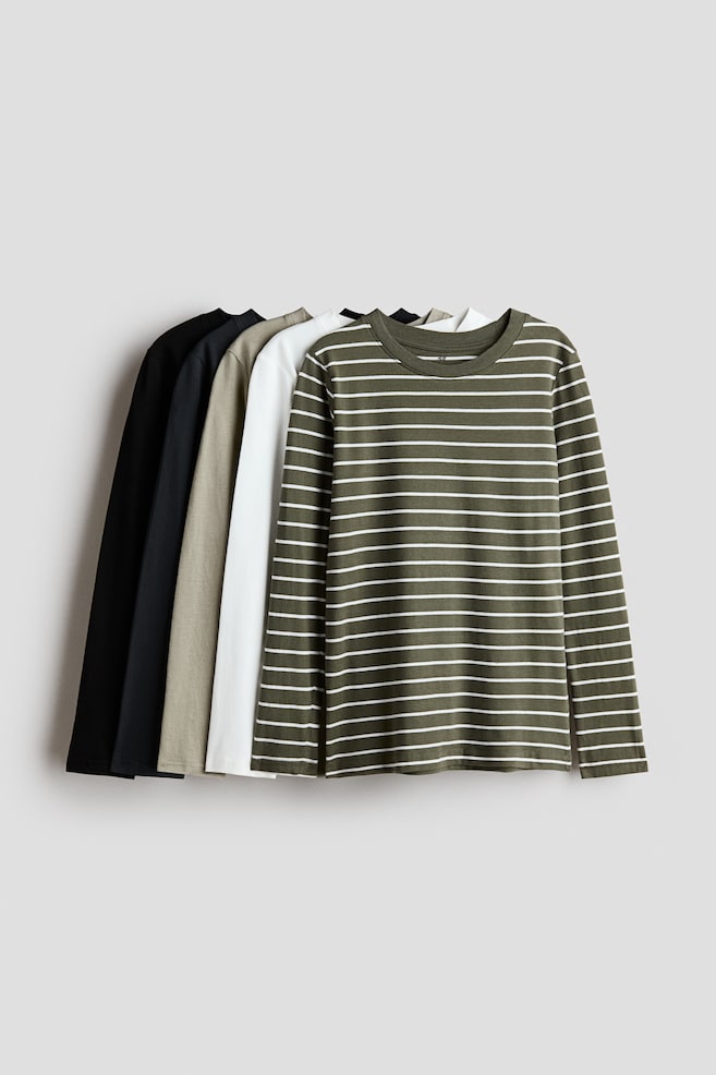 5-Pack Long-Sleeved Cotton T-Shirts - Turquoise/striped/White/navy blue striped/Black/dark gray/white - 1