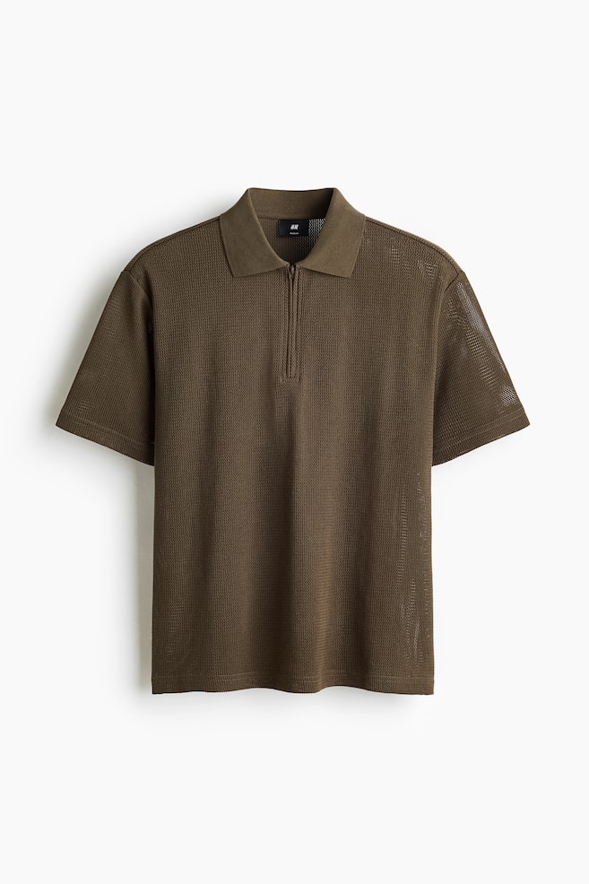 Polo in maglia traforata Regular Fit - Verde kaki scuro/Nero/Crema - 1