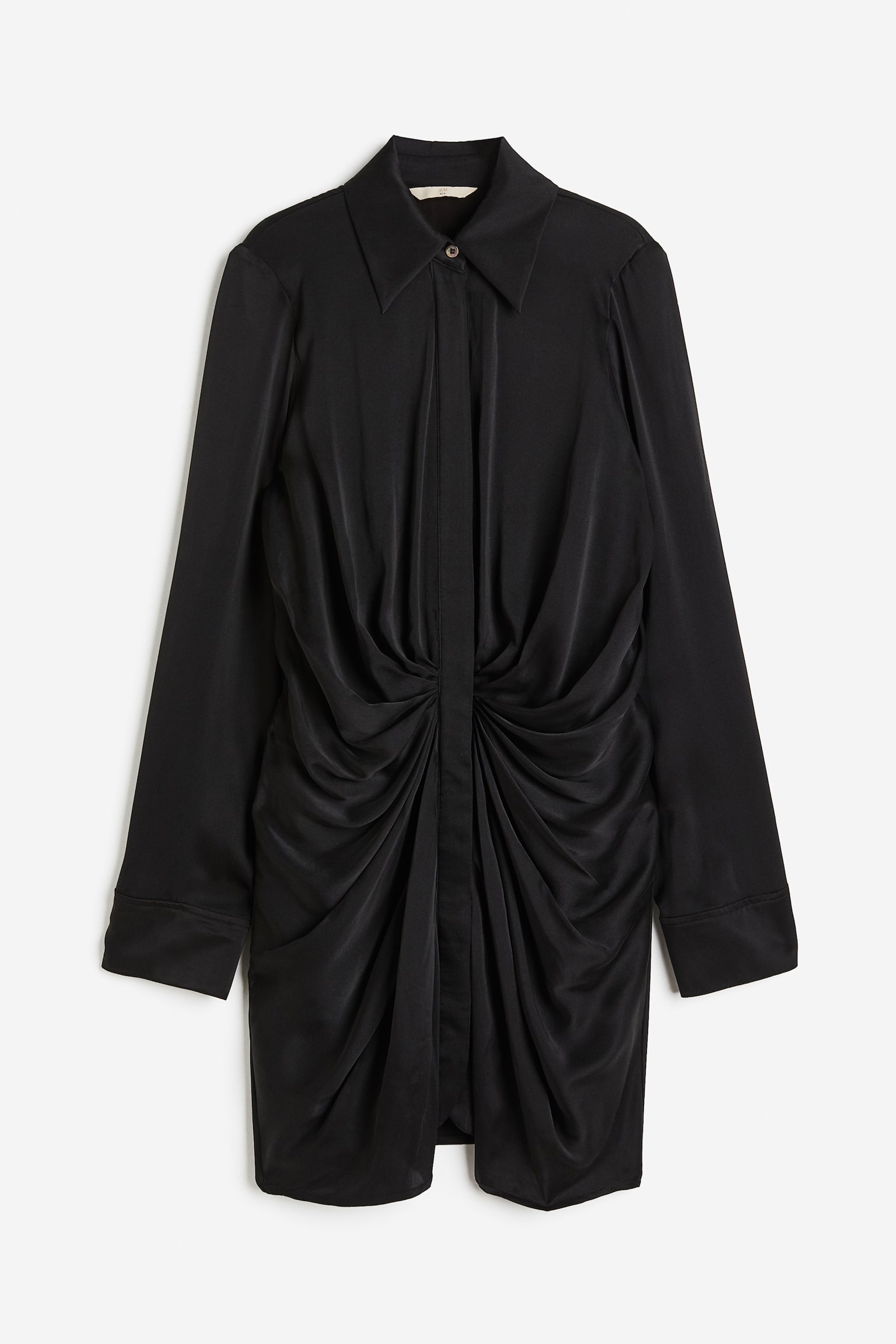 Draped Silk Shirt Dress - Black/Light beige - 1