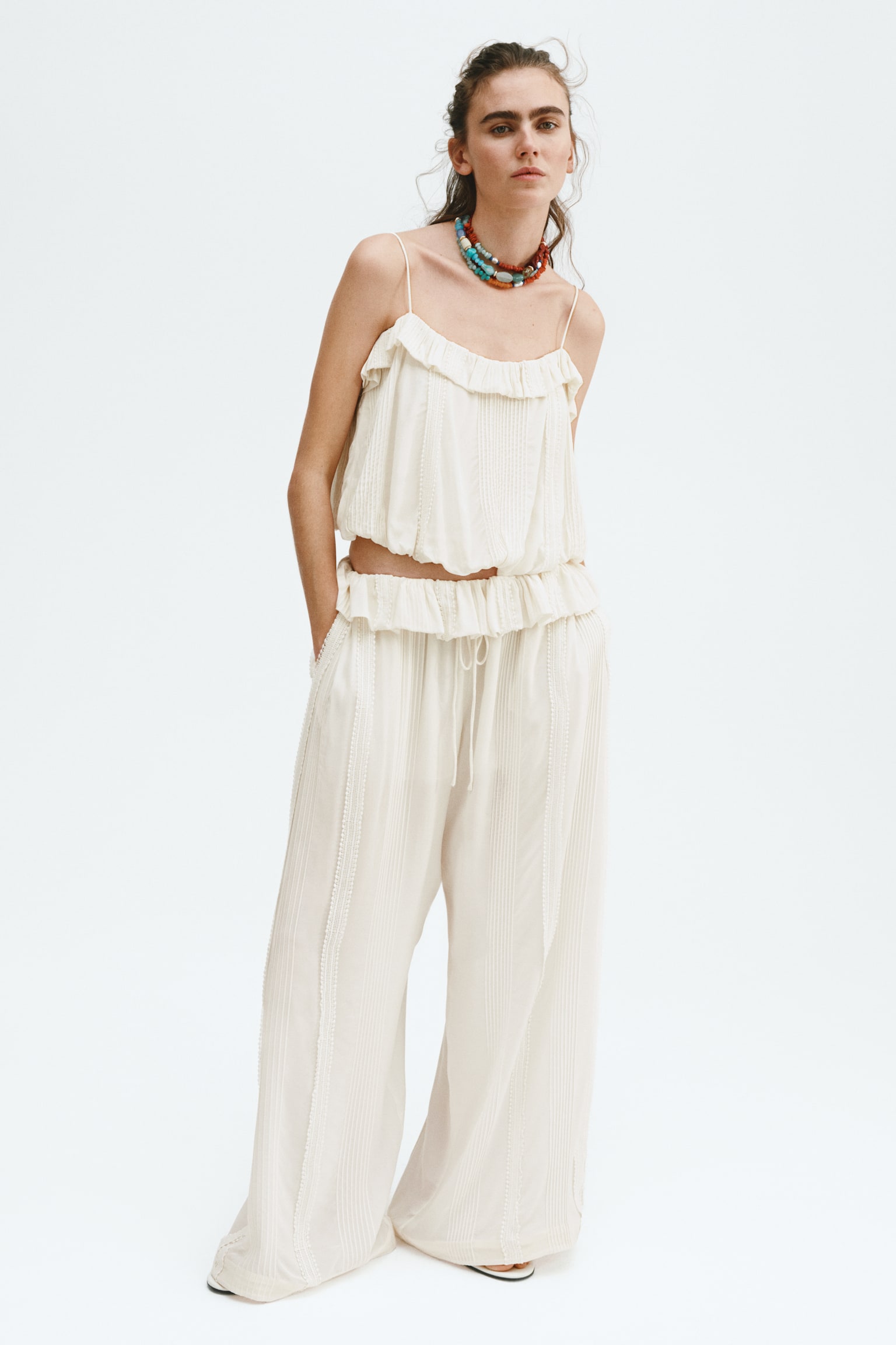 Bubble-hem strappy top - Cream - 1