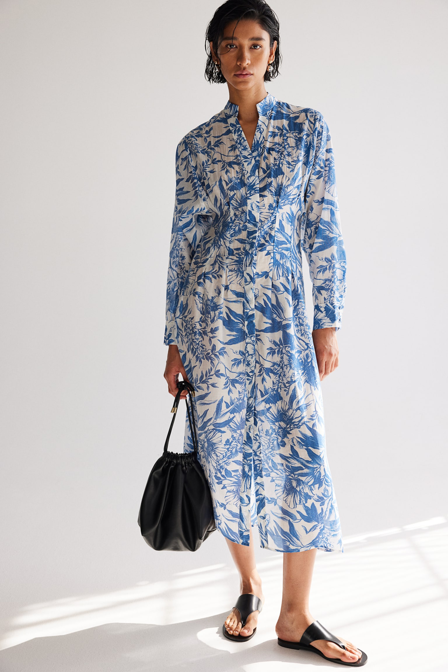 Tie Belt Shirt Dress - White/Blue floral - 3