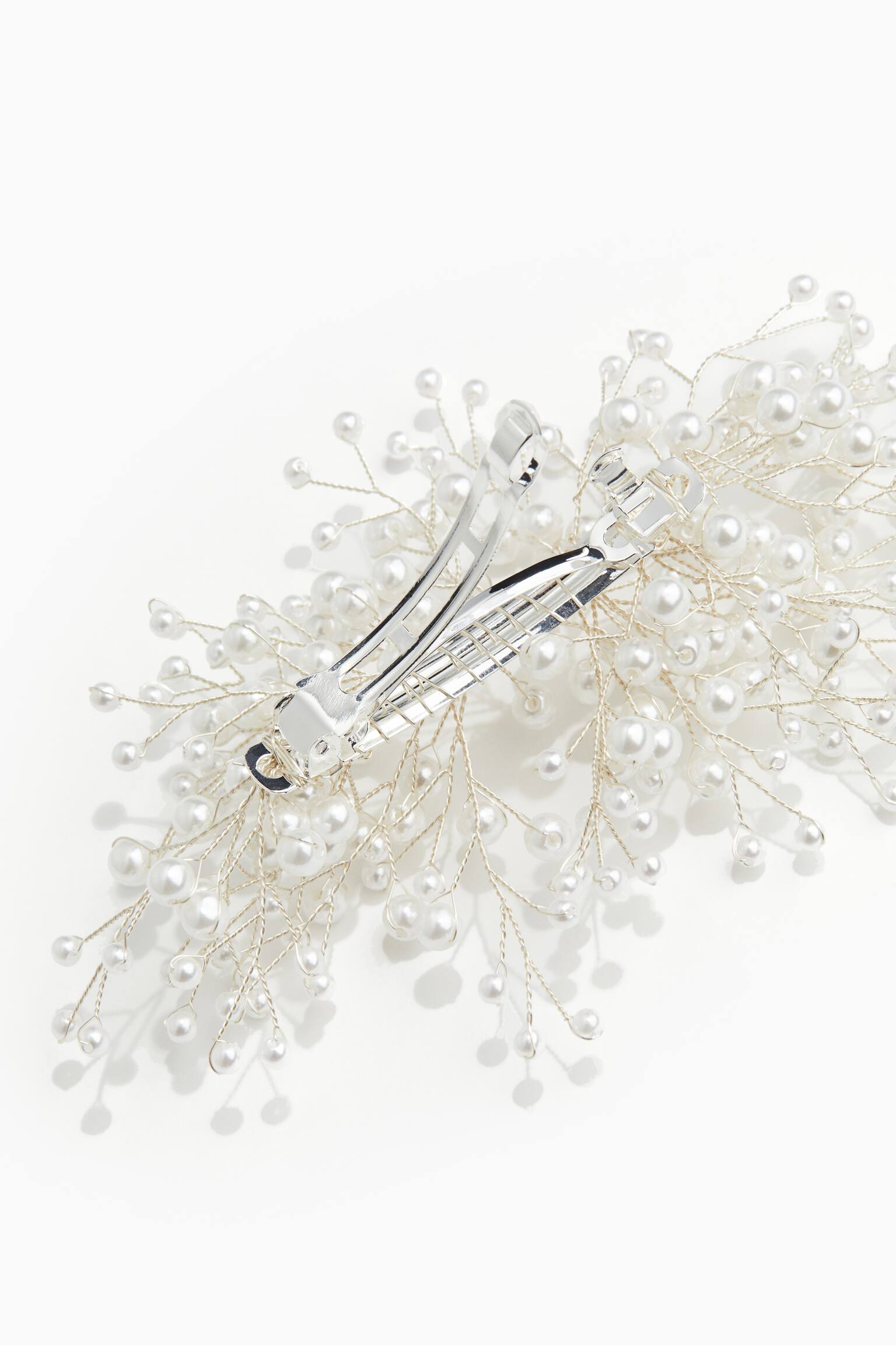 Plastic Faux Pearl Hair Clip - Silver colour/White - 2