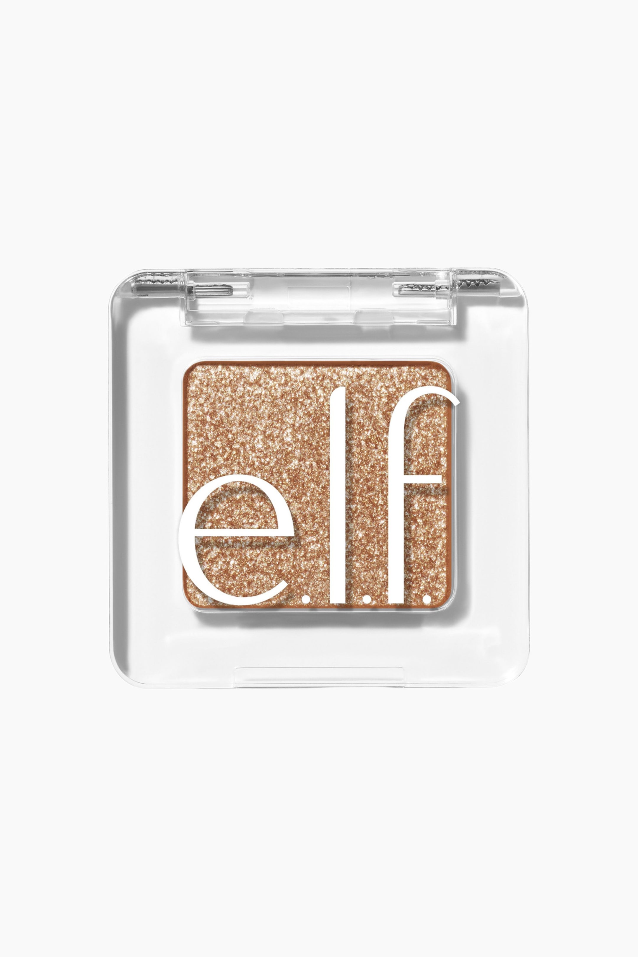 Visa större bild: En genomskinlig, kvadratisk plastförpackning för ögonskugga innehåller en panna med skimrande, kopparguldigt glitter. Den vita "elf"-logotypen framträder tydligt över glitterpannan.
