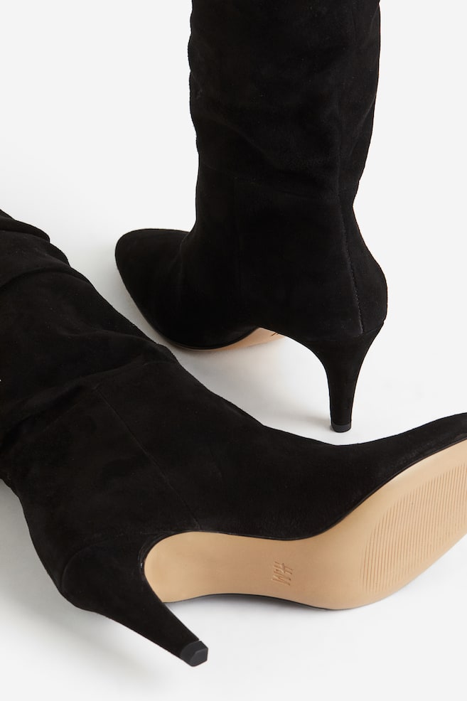 Suede knee-high heeled boots - Black - 4