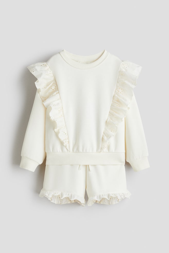 2-Piece Ruffle-Trimmed Sweatshirt and Shorts - White - 1