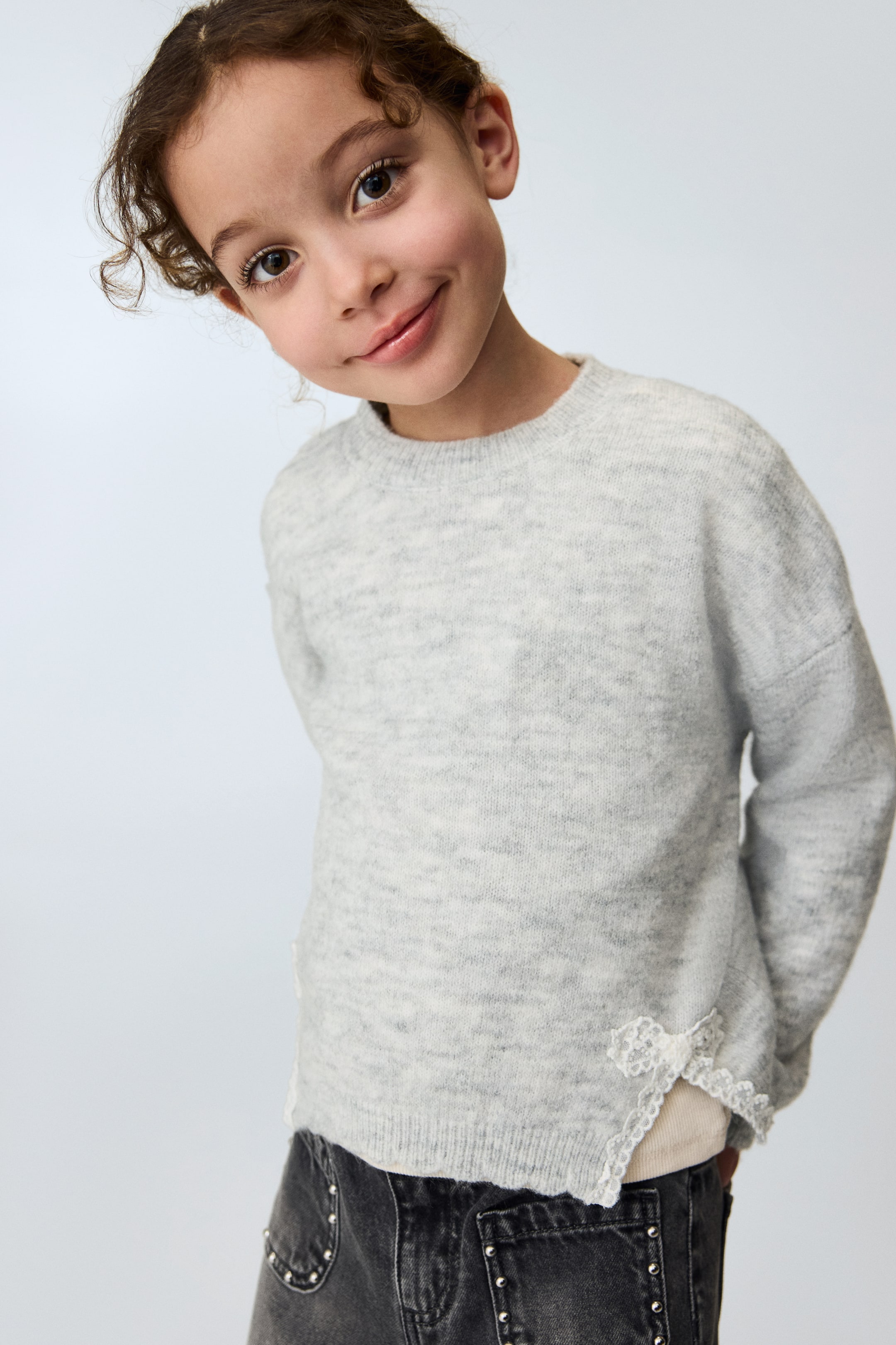 View larger image: Lace Detail Sweater - Light grey marle - Kids | H&M AU 1