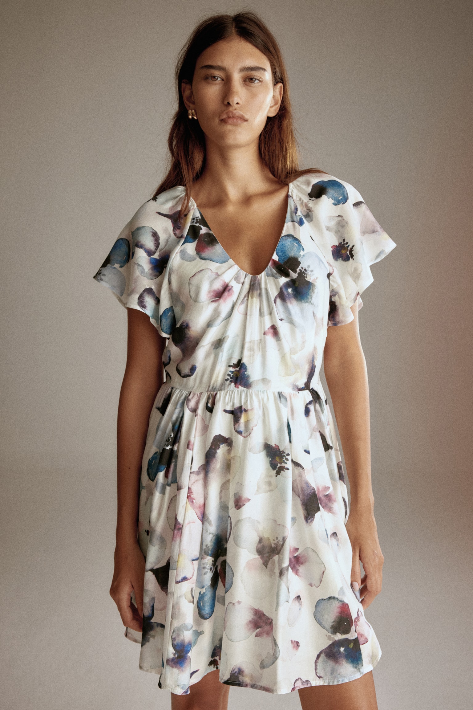 Flared-skirt dress - White/Floral/Burgundy/Beige - 5