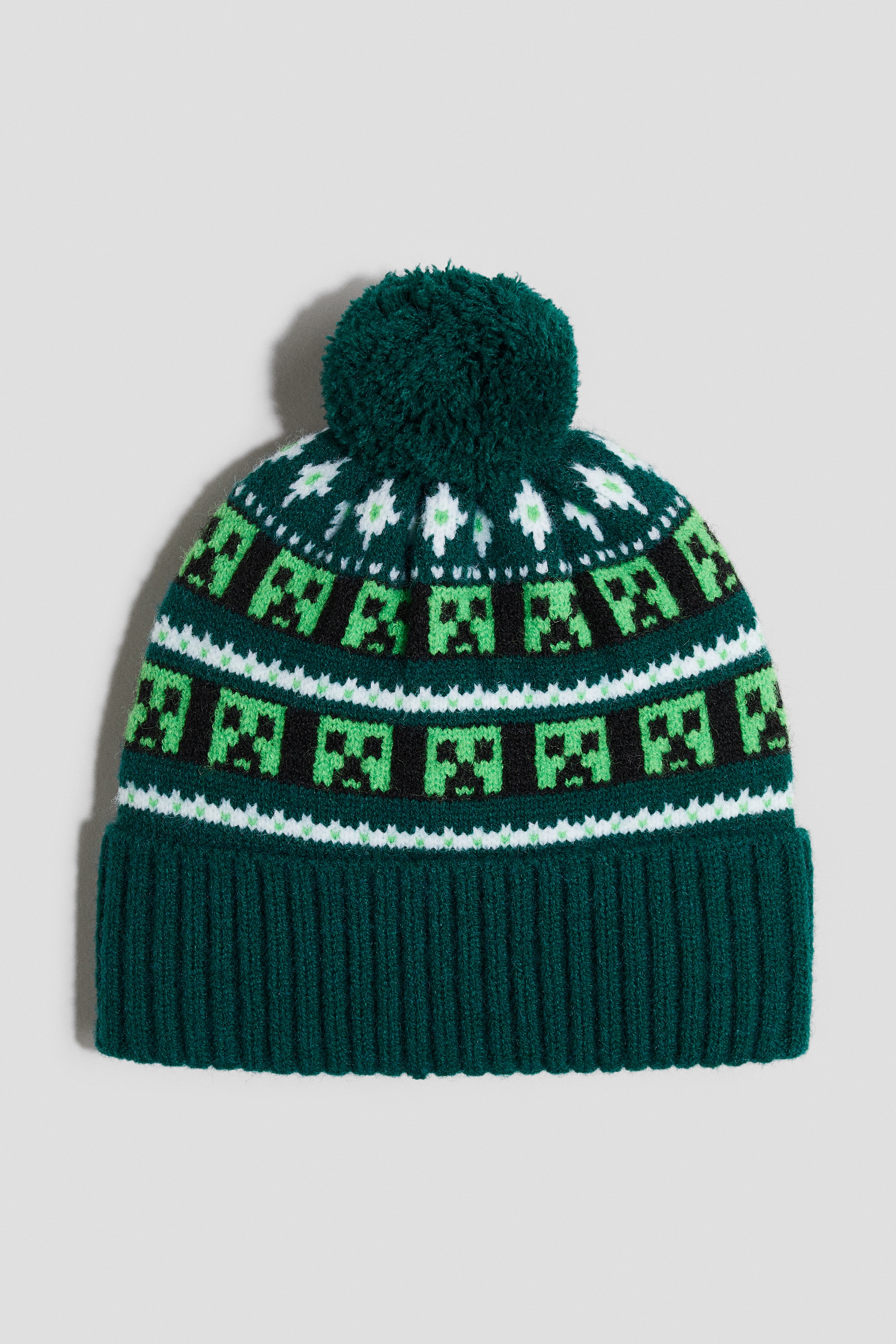 Jacquard-Knit Pompom Beanie - Green/Minecraft - Kids | H&M US