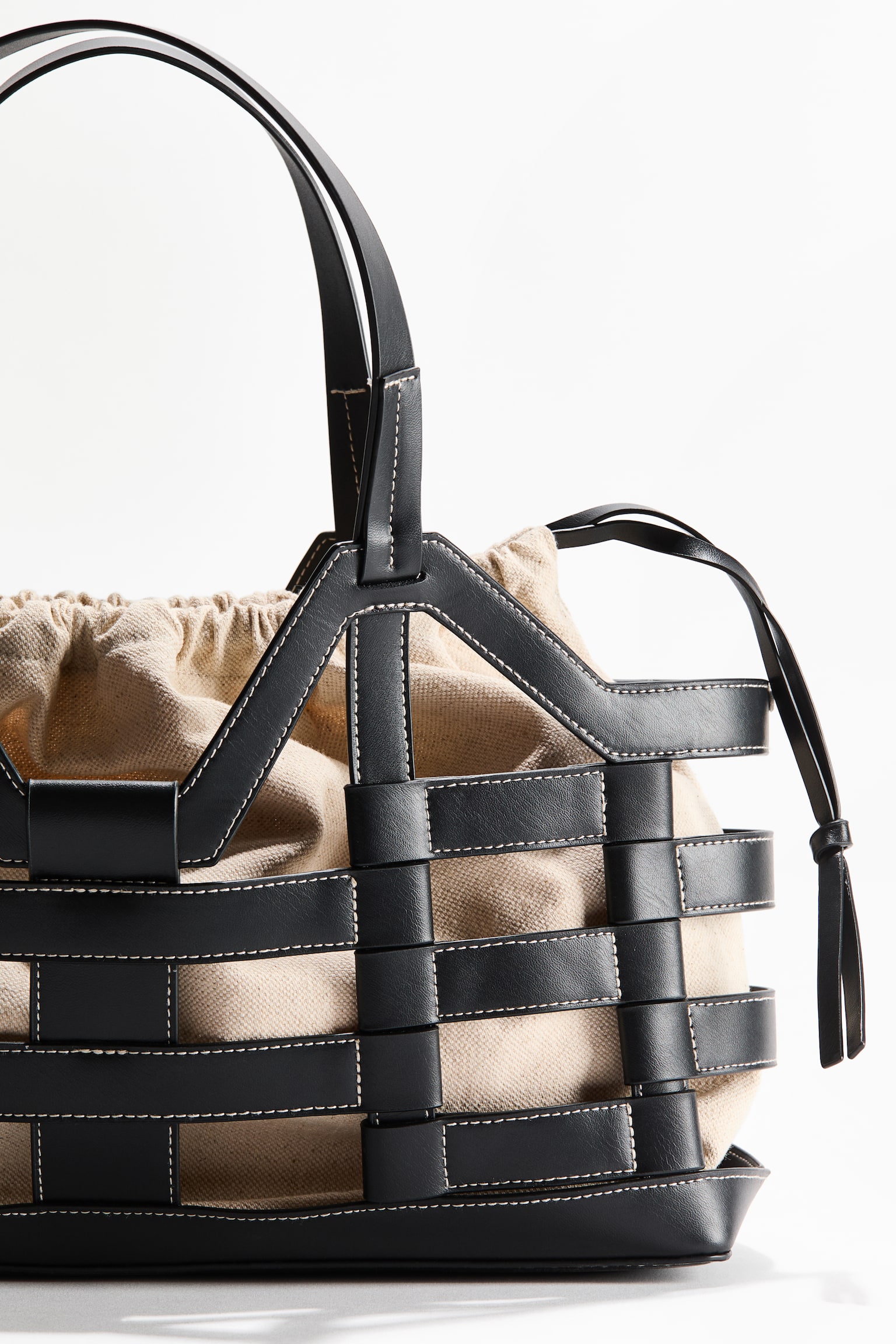 Large drawstring-detail tote bag - Black/Light beige/Brown/Light beige - 3