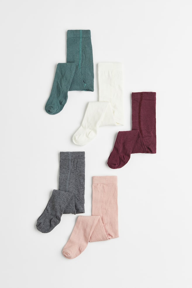 5-pack fine-knit tights - Plum purple/Dark green/Grey marl/Pink/Yellow/Purple/Pink/Light pink/White