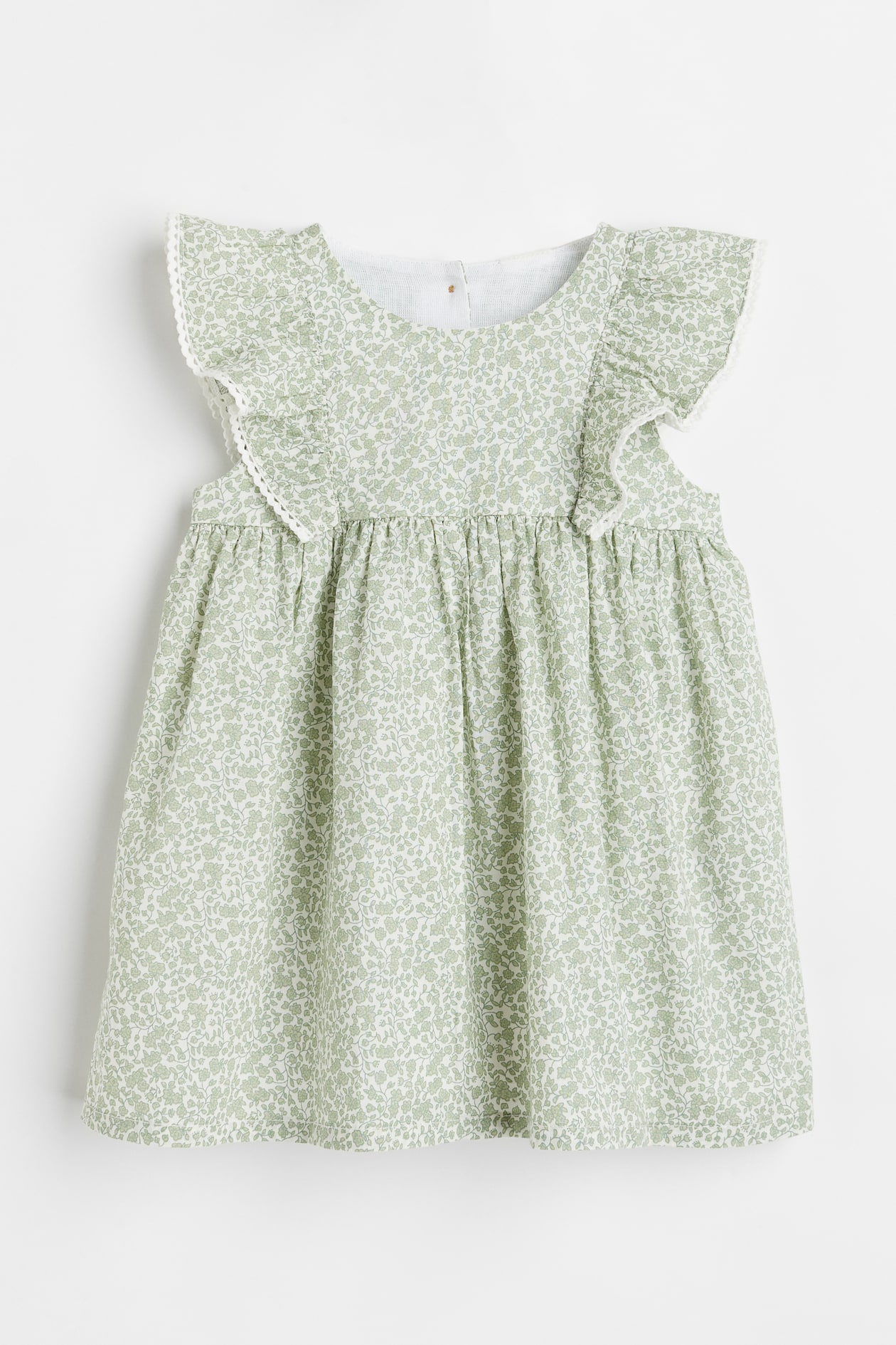 Flounce-trimmed cotton dress - Round neck - Sleeveless - Light green ...