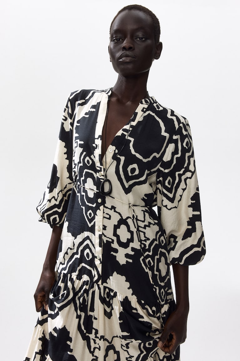 black and white printed dress Black and White Floral Print Midi Women's Dress XL / Black