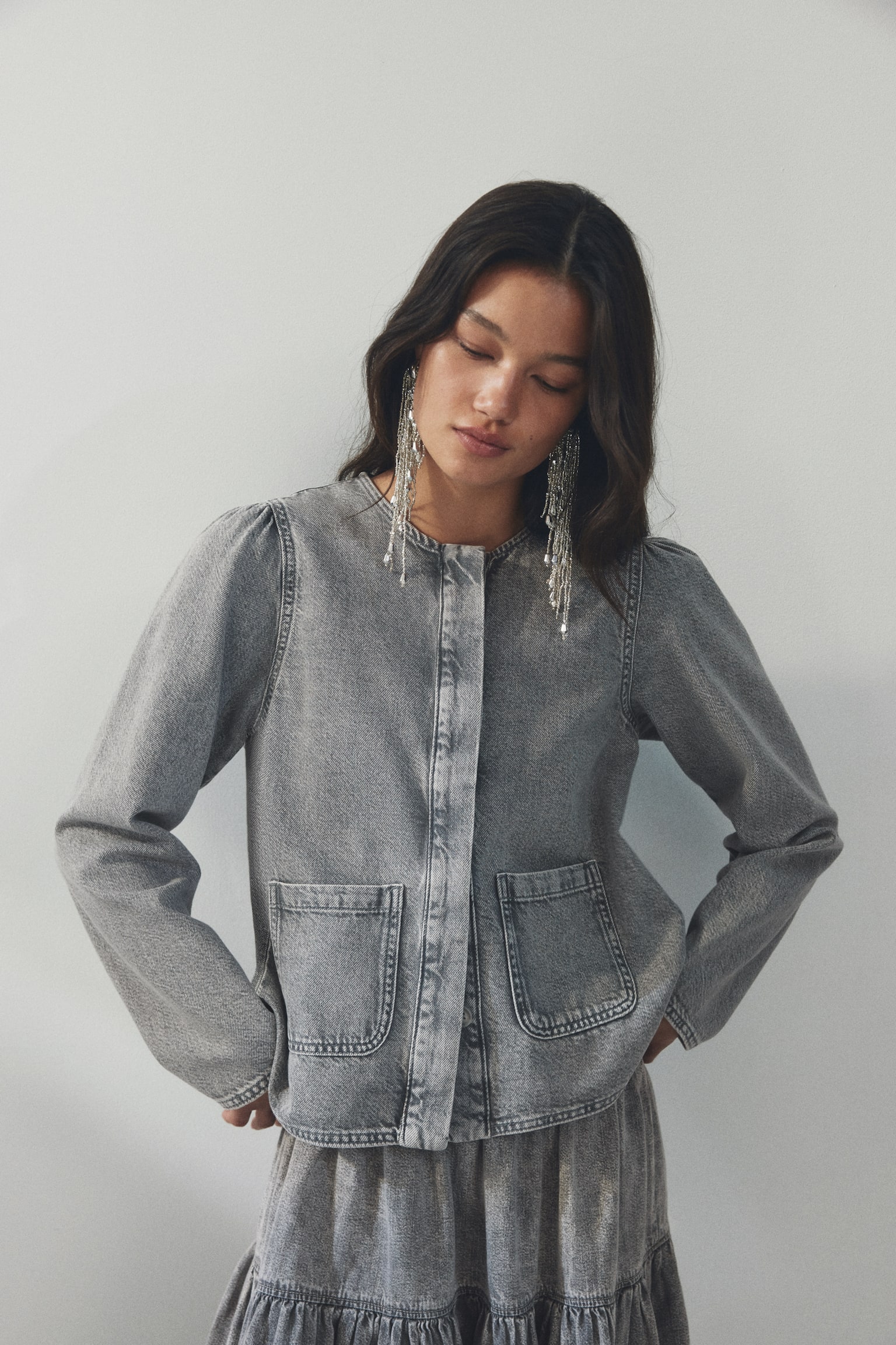 Puff-sleeved denim jacket - Washed grey/Light denim blue - 1