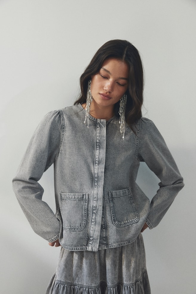 Puff-sleeved denim jacket - Washed grey - 1