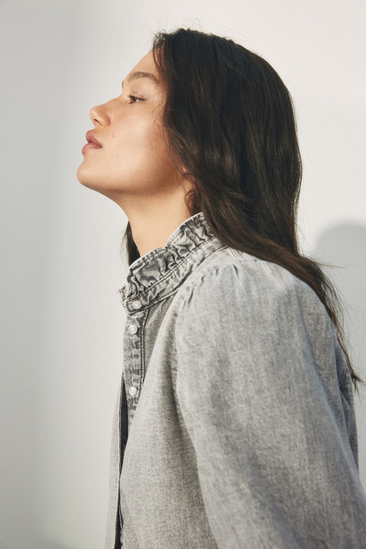 Blouse volantée en denim-Gris - 7