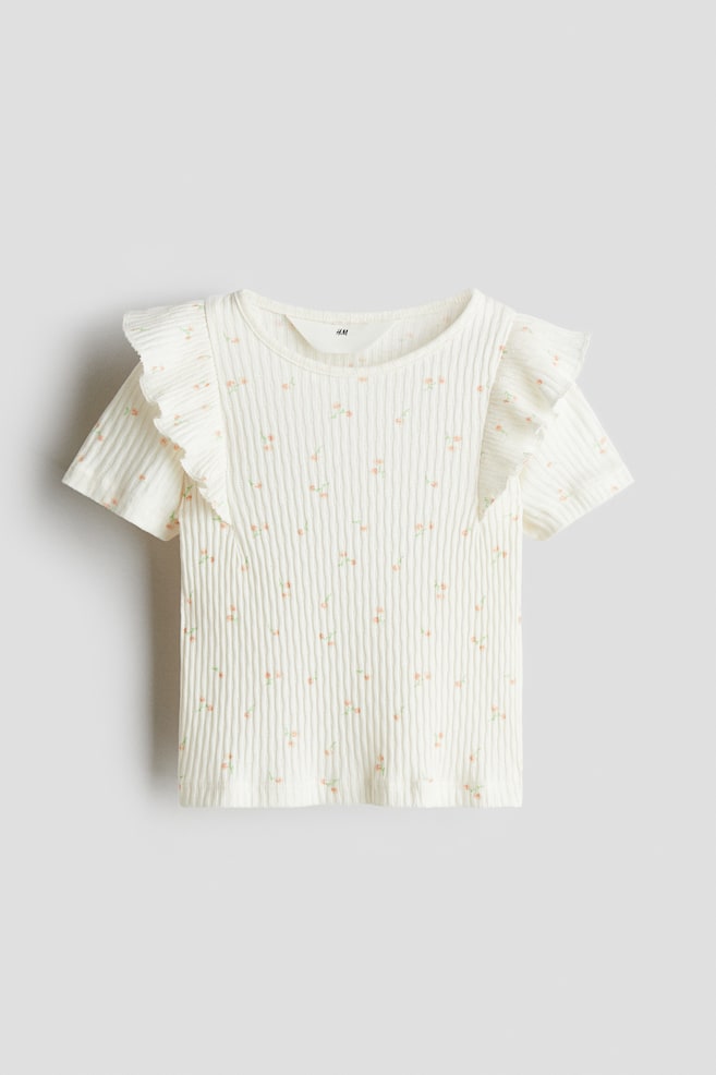 Flounce-trimmed cotton top - White/Floral/Pink - 1